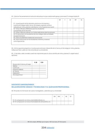 Libro/Formulario•        6/20/05         3:34 PM              Página 234




           63. ¿Qué tan frecuentemente la institución educativa en la que usted enseña apoya y promueve (E: entregue tarjeta 9):

                                                                                                          MF          F        AV   MP     NC

              01. La participación de los docentes y alumnos en los eventos y
              muestras de trabajos sobre ciencia, tecnología y expresión artística
              realizados por niños y jóvenes colombianos, como Expociencias Juvenil
              02. Visitas a Museos y Bibliotecas para los estudiantes
              acompañados de los docentes
              03. Visitas a fábricas y plantas con charlas explicativas sobre los procesos
              04. El intercambio con estudiantes de otros colegios sobre actividades
              de experimentación
              05. Visita a la sede de los medios de comunicación
              06. Visita institucional con los estudiantes a eventos y muestras
              como Expociencias




           64. ¿De los siguientes proyectos e iniciativas para estimular el desarrollo de la Ciencia y la Tecnología en niños y jóvenes,
           indique por favor cuáles son más conocidas por sus estudiantes

           65. ¿Y de todos cuáles considera usted más importantes para la cultura científica de niños y jóvenes (E: acepte hasta 2
           opciones)




                                                      P. 38        P.39
             Museos de la Ciencia y el Juego
             Maloka
             Cuclí-Cuclí
             Programa ONDAS
             Pa’ ciencia
             Expojuvenil
             Otra (especificar):




           DOCENTES UNIVERSITARIOS
           RELACIÓN ENTRE CIENCIA Y TECNOLOGIA Y EL QUEHACER PROFESIONAL

           66. Pensando en la formación de nuevos investigadores, usted diría que su Universidad



                                                                                              DM       MM        I        NB   DP

             01. En comparación con otras universidades del país, es..
             02. En comparación con otras Universidades de Latinoamérica, es…




                                        DM: De las mejores. MM Mejor que la mayoría.. NB: No tan buena. DP: De las peores




                                                                     234        FORMULARIO
 