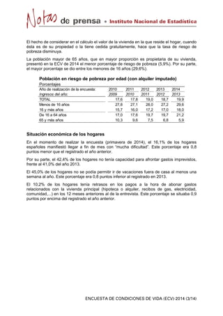 El hecho de considerar en el cálculo el valor de la vivienda en la que reside el hogar, cuando
ésta es de su propiedad o la tiene cedida gratuitamente, hace que la tasa de riesgo de
pobreza disminuya.
La población mayor de 65 años, que en mayor proporción es propietaria de su vivienda,
presentó en la ECV de 2014 el menor porcentaje de riesgo de pobreza (5,9%). Por su parte,
el mayor porcentaje se dio entre los menores de 16 años (29,6%).
Porcentajes
Año de realización de la encuesta: 2010 2011 2012 2013 2014
Ingresos del año: 2009 2010 2011 2012 2013
TOTAL 17,6 17,8 19,0 18,7 19,9
Menos de 16 años 27,8 27,1 28,0 27,2 29,6
16 y más años 15,7 16,0 17,2 17,0 18,0
De 16 a 64 años 17,0 17,6 19,7 19,7 21,2
65 y más años 10,3 9,6 7,5 6,8 5,9
Población en riesgo de pobreza por edad (con alquiler imputado)
Situación económica de los hogares
En el momento de realizar la encuesta (primavera de 2014), el 16,1% de los hogares
españoles manifiestó llegar a fin de mes con “mucha dificultad”. Este porcentaje era 0,8
puntos menor que el registrado el año anterior.
Por su parte, el 42,4% de los hogares no tenía capacidad para afrontar gastos imprevistos,
frente al 41,0% del año 2013.
El 45,0% de los hogares no se podía permitir ir de vacaciones fuera de casa al menos una
semana al año. Este porcentaje era 0,8 puntos inferior al registrado en 2013.
El 10,2% de los hogares tenía retrasos en los pagos a la hora de abonar gastos
relacionados con la vivienda principal (hipoteca o alquiler, recibos de gas, electricidad,
comunidad,...) en los 12 meses anteriores al de la entrevista. Este porcentaje se situaba 0,9
puntos por encima del registrado el año anterior.
 