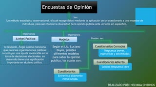 Entrevista altamente
estructurada.
Encuestas de Opinión
REALIZADO POR: HELYANA CHIRINOS
Un método estadístico observacional, el cual recoge datos mediante la aplicación de un cuestionario a una muestra de
individuos, para así conocer la diversidad de la opinión publica ante un tema en especifico.
Al respecto, Ángel Lesma menciona
que para las organizaciones políticas
constituyen una ayuda invalorable en la
toma de decisiones electorales. su
desarrollo tiene una significación
importante en el plano político.
Importancia
A nivel Político
Son:
Importancia
Modelos
Según el Lic. Luciano
Duyos, plantea
diferentes modelos
para saber la opinión
publica, los cuales son:
Cuestionarios
Pueden ser:
Respuesta breves,
especificas y delimitadas
Cuestionarios Cerrados
Solicita Respuesta libre
Cuestionarios Abierto
 