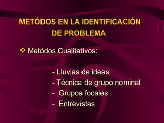 METÓDOS EN LA IDENTIFICACIÓN DE PROBLEMA   Metódos Cualitativos: - Lluvias de ideas - Técnica de grupo nominal  -  Grupos focales -  Entrevistas 