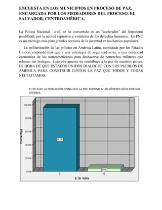 ENCUESTA EN LOS MUNICIPIOS EN PROCESO DE PAZ,
ENCARGADA POR LOS MEDIADORES DEL PROCESO. EL
SALVADOR, CENTROAMÉRICA.
La Policía Nacional civil, se ha convertido en un “acelerador” del fenómeno
pandilleril, por la actitud represiva y violatoria de los derechos humanos. La PNC
es un enemigo más para grandes sectores de la juventud en los barrios populares.
La militarización de las policías en América Latina auspiciada por los Estados
Unidos, responde más que a una estrategia de seguridad seria, a una necesidad
económica de los norteamericanos para deshacerse de pertrechos militares que
rebasan sus bodegas. Esto obviamente no contribuye a la paz de nuestros países.
ES HORA DE QUE ESTADOS UNIDOS DIALOGUE CON LOS PUEBLOS DE
AMÉRICA PARA CONSTRUIR JUNTOS LA PAZ QUE TODOS Y TODAS
NECESITAMOS.

 