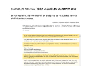 RESPUESTAS ABIERTAS - FERIA DE ABRIL DE CATALUNYA 2018
Se han recibido 202 comentarios en el espacio de respuestas abierta...