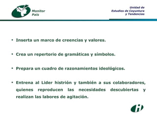 Monitor País Unidad de Estudios de Coyuntura y Tendencias Inserta un marco de creencias y valores. Crea un repertorio de gramáticas y símbolos. Prepara un cuadro de razonamientos ideológicos. Entrena al Lider histrión y también a sus colaboradores, quienes reproducen las necesidades descubiertas y realizan las labores de agitación. 