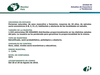 Monitor País Unidad de Estudios de Coyuntura y Tendencias UNIVERSO EN ESTUDIO Personas naturales, de sexo masculino y femenino, mayores de 18 años, de estratos socio-económicos A-B, C, D y E, habitantes y electores de las localidades en estudio.  TAMAÑO DE LA MUESTRA 1.333 entrevistas EN HOGARES distribuidas  proporcionalmente en los distintos estados del país. La muestra se ha ponderado para garantizar la proporcionalidad de la misma. TIPO DE MUESTREO Estratificado, semi-probabilístico, polietápico y aleatorio. VARIABLES DE CONTROL Sexo, edad, niveles socio-económicos y educativos. ERROR MUESTRAL +- 2.4% NIVEL DE CONFIANZA 96% LEVANTAMIENTO DE CAMPO Del 20 al 29 de Agosto de 2010. 