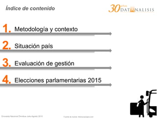Encuesta Nacional Ómnibus Julio-Agosto 2015
Índice de contenido
1. Metodología y contexto
2. Situación país
3. Evaluación de gestión
4. Elecciones parlamentarias 2015
Fuente de íconos: thenounproject.com
 