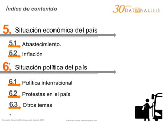 Encuesta Nacional Ómnibus Julio-Agosto 2015
Índice de contenido
5. Situación económica del país
6. Situación política del país
6.1
.
Política internacional
6.2
.
Protestas en el país
Fuente de íconos: thenounproject.com
6.3
.
Otros temas
5.1
.
Abastecimiento.
5.2
.
Inflación
 