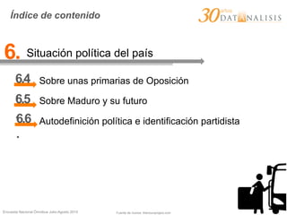 Encuesta Nacional Ómnibus Julio-Agosto 2015
Índice de contenido
6. Situación política del país
6.4
.
Sobre unas primarias de Oposición
6.5
.
Fuente de íconos: thenounproject.com
6.6
.
Sobre Maduro y su futuro	
  
Autodefinición política e identificación partidista
 