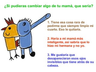 1. Tiene esa cosa rara de pedirme que siempre limpie mi cuarto. Eso le quitaría. 2. Haría a mi mamá más inteligente, así sabría que lo hizo mi hermana y no yo. 3. Me gustaría que desaparecieran esos ojos invisibles que tiene atrás de su cabeza.   ¿Si pudieras cambiar algo de tu mamá, que sería? 