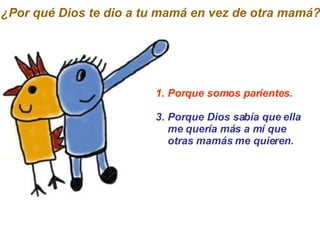 Porque somos parientes. Porque Dios sabía que ella me quería más a mí que otras mamás me quieren. ¿Por qué Dios te dio a tu mamá en vez de otra mamá? 