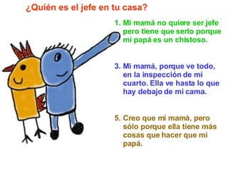 Mi mamá no quiere ser jefe pero tiene que serlo porque mi papá es un chistoso. Mi mamá, porque ve todo, en la inspección de mi cuarto. Ella ve hasta lo que hay debajo de mi cama. Creo que mi mamá, pero sólo porque ella tiene más cosas que hacer que mi papá. ¿Quién es el jefe en tu casa? 