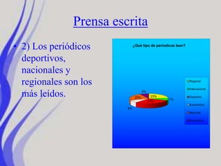 Prensa escrita
• 2) Los periódicos
deportivos,
nacionales y
regionales son los
más leídos. 23%
7%
31%
8%
23%
8%
¿Qué tipo de períodicos leen?
Regional
Internacional
Deportivo
Autonómico
Nacional
Económico
 