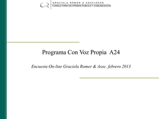 Programa Con Voz Propia A24
Encuesta On-line Graciela Romer & Asoc. febrero 2013
G R A C I E L A R Ö M E R A S O C I A D O S&
CONSULTORIA EN OPINION PUBLICA Y COMUNICACION
 