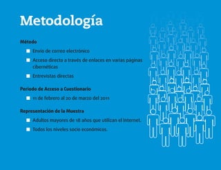 Metodología
Método
Envío de correo electrónico■■
Acceso directo a través de enlaces en varias páginas■■
cibernéticas
Entrevistas directas■■
Periodo de Acceso a Cuestionario
11 de febrero al 20 de marzo del 2011■■
Representación de la Muestra
Adultos mayores de 18 años que utilizan el Internet.■■
Todos los niveles socio económicos.■■
 