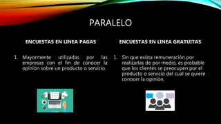 PARALELO
ENCUESTAS EN LINEA PAGAS
1. Mayormente utilizadas por las
empresas con el fin de conocer la
opinión sobre un producto o servicio.
ENCUESTAS EN LINEA GRATUITAS
1. Sin que exista remuneración por
realizarlas de por medio, es probable
que los clientes se preocupen por el
producto o servicio del cual se quiere
conocer la opinión.
 