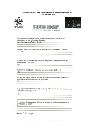 ENCUESTAS LIVESTOCK SECURITY ( MOSQUERA CUNDINAMARCA)
                   FEBRERO 20 DE 2011
 