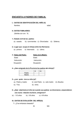 ENCUESTA A PADRES DE FAMILIA.
I.- DATOS DE IDENTIFICACIÓN DEL NIÑO (A)
Nombre: edad:
II.- DATOS FAMILIARES:
(Señala con una X)
1.- Estado civil de los padres:
a).- casado: b).- convivientes c).- Divorciados d).- Solteros.
2.- Lugar que ocupa el niño(a) entre los Hermanos
a).- primero b) Intermedio c).- último.
3.- Datos del Padre: Datos de la Madre:
Edad: Edad:
Instrucción: Instrucción:
Ocupación: Ocupación:
4.- ¿Han emigrado de la Provincia los padres del niño(a)?
si no
Padre
Madre
5.- ¿con quién vive su niño (a)?
a).- Padre y madre: b) solo Padre c).- solo madre d).-Abuelos
e).- Tíos: d).- otros.
6.- ¿Qué edad tenía el niño (a) cuando sus padres: se divorciaron, emprendieron
una nueva relación murieron, emigraron?
a).- 0-3 años b).- 3-6 años c).- 6-9 años
III.- DATOS DE EVOLUCIÓN DEL NIÑO(A)
7.- ¿Fue embarazo deseado?
SI NO
 