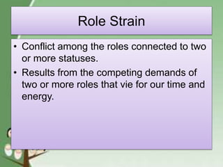 Role Strain
• Conflict among the roles connected to two
or more statuses.
• Results from the competing demands of
two or more roles that vie for our time and
energy.
 