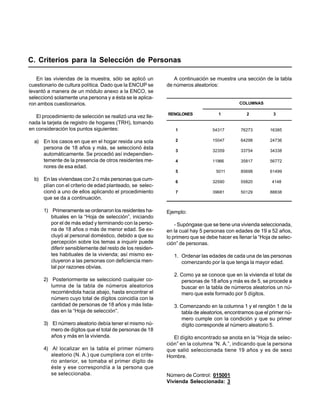 C. Criterios para la Selección de Personas

   En las viviendas de la muestra, sólo se aplicó un          A continuación se muestra una sección de la tabla
cuestionario de cultura política. Dado que la ENCUP se     de números aleatorios:
levantó a manera de un módulo anexo a la ENCO, se
seleccionó solamente una persona y a ésta se le aplica-
ron ambos cuestionarios.                                                                    COLUMNAS

                                                           RENGLONES              1            2           3
   El procedimiento de selección se realizó una vez lle-
nada la tarjeta de registro de hogares (TRH), tomando
en consideración los puntos siguientes:                        1               54317        76273         16385

  a) En los casos en que en el hogar resida una sola           2               15047        64298         24736
     persona de 18 años y más, se seleccionó ésta
                                                               3               32359        33754         34338
     automáticamente. Se procedió así independien-
     temente de la presencia de otros residentes me-           4               11966        35817         56772
     nores de esa edad.
                                                               5                 5011       85698         61499
  b) En las viviendaas con 2 o más personas que cum-           6               32590        55820         4148
     plían con el criterio de edad planteado, se selec-
     cionó a uno de ellos aplicando el procedimiento           7               39681        50129         88838
     que se da a continuación.

      1) Primeramente se ordenaron los residentes ha-      Ejemplo:
         bituales en la “Hoja de selección”, iniciando
         por el de más edad y terminando con la perso-         - Supóngase que se tiene una vivienda seleccionada,
         na de 18 años o más de menor edad. Se ex-         en la cual hay 5 personas con edades de 19 a 52 años,
         cluyó al personal doméstico, debido a que su      lo primero que se debe hacer es llenar la “Hoja de selec-
         percepción sobre los temas a inquirir puede       ción” de personas.
         diferir sensiblemente del resto de los residen-
         tes habituales de la vivienda; así mismo ex-         1. Ordenar las edades de cada una de las personas
         cluyeron a las personas con deficiencia men-            comenzando por la que tenga la mayor edad.
         tal por razones obvias.
                                                              2. Como ya se conoce que en la vivienda el total de
      2) Posteriormente se seleccionó cualquier co-              personas de 18 años y más es de 5, se procede a
         lumna de la tabla de números aleatorios                 buscar en la tabla de números aleatorios un nú-
         recorriéndola hacia abajo, hasta encontrar el           mero que este formado por 5 dígitos.
         número cuyo total de dígitos coincidía con la
         cantidad de personas de 18 años y más lista-         3. Comenzando en la columna 1 y el renglón 1 de la
         das en la “Hoja de selección”.                          tabla de aleatorios, encontramos que el primer nú-
                                                                 mero cumple con la condición y que su primer
      3) El número aleatorio debía tener el mismo nú-            dígito corresponde al número aleatorio 5.
         mero de dígitos que el total de personas de 18
         años y más en la vivienda.                           El dígito encontrado se anota en la “Hoja de selec-
                                                           ción” en la columna “N. A.”, indicando que la persona
      4) Al localizar en la tabla el primer número         que salió seleccionada tiene 19 años y es de sexo
         aleatorio (N. A.) que cumpliera con el crite-     Hombre.
         rio anterior, se tomaba el primer dígito de
         éste y ese correspondía a la persona que
         se seleccionaba.                                  Número de Control: 015001
                                                           Vivienda Seleccionada: 3
 