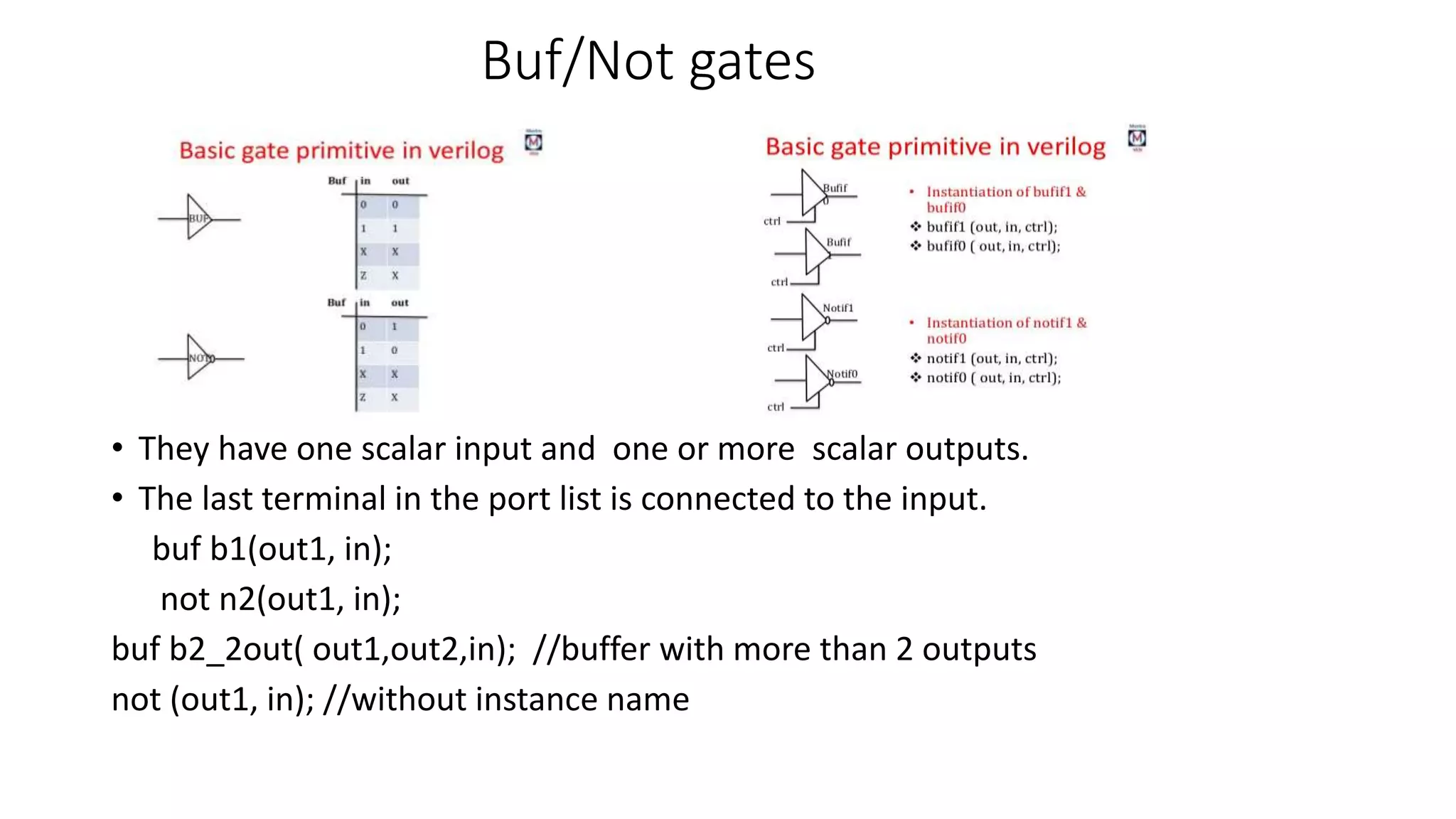 Buf/Not gates
• They have one scalar input and one or more scalar outputs.
• The last terminal in the port list is connected to the input.
buf b1(out1, in);
not n2(out1, in);
buf b2_2out( out1,out2,in); //buffer with more than 2 outputs
not (out1, in); //without instance name
 