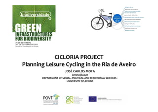 CICLORIA PROJECT
Planning Leisure Cycling in the Ria de Aveiro
                        JOSÉ CARLOS MOTA
                             jcmota@ua.pt
       DEPARTMENT OF SOCIAL, POLITICAL AND TERRITORIAL SCIENCES -
                        UNIVERSITY OF AVEIRO
 
