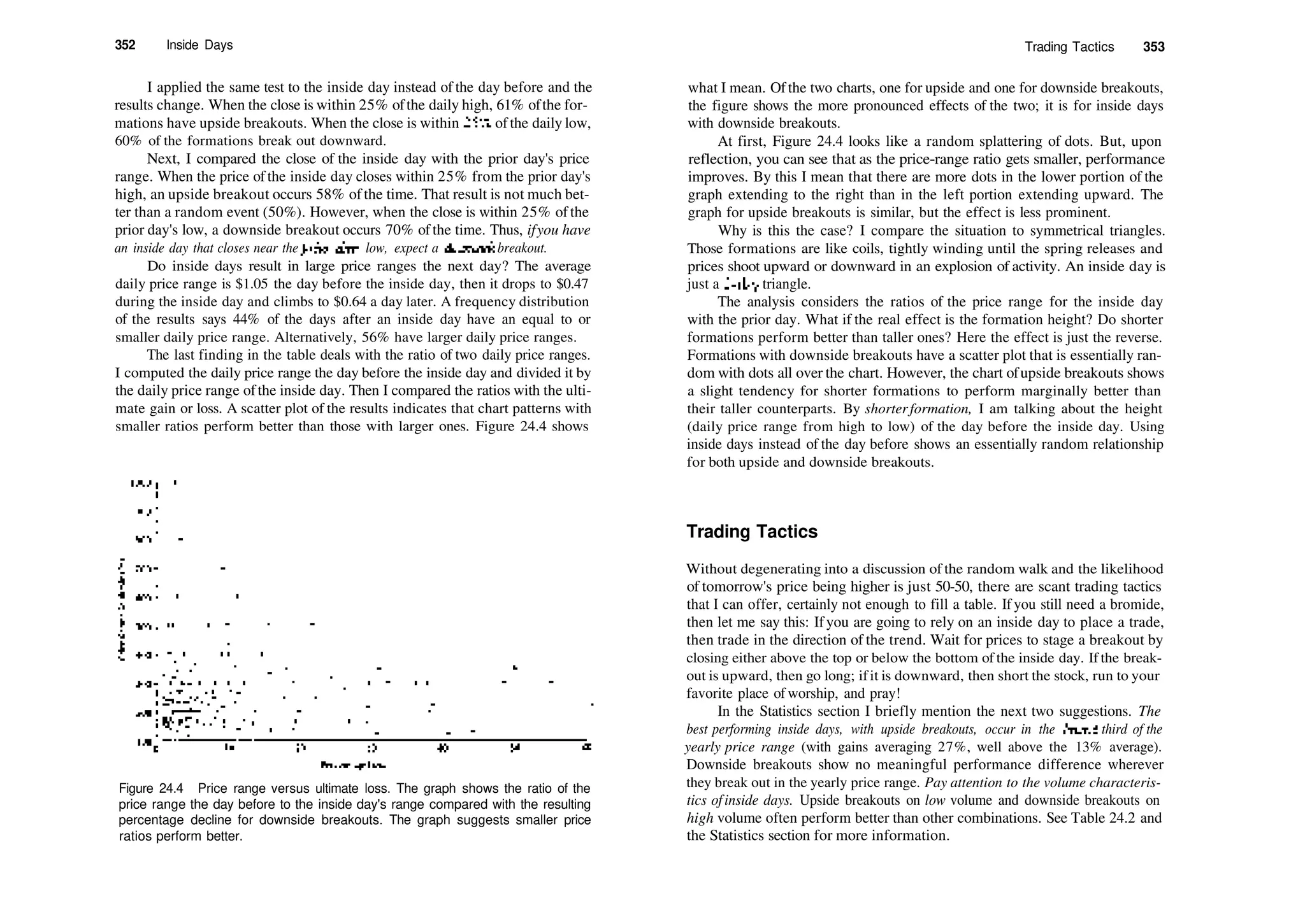 352 Inside Days
I applied the same test to the inside day instead of the day before and the
results change. When the close is within 25% ofthe daily high, 61% ofthe for­
mations have upside breakouts. When the close is within 25% ofthe daily low,
60% of the formations break out downward.
Next, I compared the close of the inside day with the prior day's price
range. When the price ofthe inside day closes within 25% from the prior day's
high, an upside breakout occurs 58% ofthe time. That result is not much bet­
ter than a random event (50%). However, when the close is within 25% of the
prior day's low, a downside breakout occurs 70% of the time. Thus, ifyou have
an inside day that closes near the prior days'1
low, expect a downside breakout.
Do inside days result in large price ranges the next day? The average
daily price range is $1.05 the day before the inside day, then it drops to $0.47
during the inside day and climbs to $0.64 a day later. A frequency distribution
of the results says 44% of the days after an inside day have an equal to or
smaller daily price range. Alternatively, 56% have larger daily price ranges.
The last finding in the table deals with the ratio of two daily price ranges.
I computed the daily price range the day before the inside day and divided it by
the daily price range ofthe inside day. Then I compared the ratios with the ulti­
mate gain or loss. A scatter plot of the results indicates that chart patterns with
smaller ratios perform better than those with larger ones. Figure 24.4 shows
Figure 24.4 Price range versus ultimate loss. The graph shows the ratio of the
price range the day before to the inside day's range compared with the resulting
percentage decline for downside breakouts. The graph suggests smaller price
ratios perform better.
Trading Tactics 353
what I mean. Ofthe two charts, one for upside and one for downside breakouts,
the figure shows the more pronounced effects of the two; it is for inside days
with downside breakouts.
At first, Figure 24.4 looks like a random splattering of dots. But, upon
reflection, you can see that as the price­range ratio gets smaller, performance
improves. By this I mean that there are more dots in the lower portion of the
graph extending to the right than in the left portion extending upward. The
graph for upside breakouts is similar, but the effect is less prominent.
Why is this the case? I compare the situation to symmetrical triangles.
Those formations are like coils, tightly winding until the spring releases and
prices shoot upward or downward in an explosion of activity. An inside day is
just a 2­day triangle.
The analysis considers the ratios of the price range for the inside day
with the prior day. What if the real effect is the formation height? Do shorter
formations perform better than taller ones? Here the effect is just the reverse.
Formations with downside breakouts have a scatter plot that is essentially ran­
dom with dots all over the chart. However, the chart ofupside breakouts shows
a slight tendency for shorter formations to perform marginally better than
their taller counterparts. By shorterformation, I am talking about the height
(daily price range from high to low) of the day before the inside day. Using
inside days instead of the day before shows an essentially random relationship
for both upside and downside breakouts.
Trading Tactics
Without degenerating into a discussion of the random walk and the likelihood
of tomorrow's price being higher is just 50­50, there are scant trading tactics
that I can offer, certainly not enough to fill a table. If you still need a bromide,
then let me say this: Ifyou are going to rely on an inside day to place a trade,
then trade in the direction of the trend. Wait for prices to stage a breakout by
closing either above the top or below the bottom of the inside day. If the break­
out is upward, then go long; ifit is downward, then short the stock, run to your
favorite place of worship, and pray!
In the Statistics section I briefly mention the next two suggestions. The
best performing inside days, with upside breakouts, occur in the lowest third of the
yearly price range (with gains averaging 27%, well above the 13% average).
Downside breakouts show no meaningful performance difference wherever
they break out in the yearly price range. Pay attention to the volume characteris­
tics ofinside days. Upside breakouts on low volume and downside breakouts on
high volume often perform better than other combinations. See Table 24.2 and
the Statistics section for more information.
 