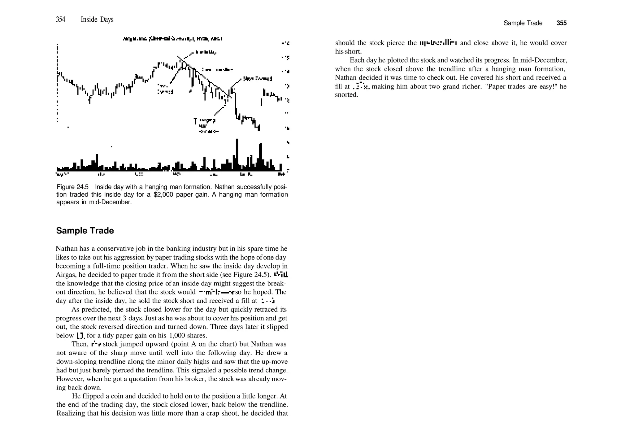 354 Inside Days Sample Trade 355
Figure 24.5 Inside day with a hanging man formation. Nathan successfully posi­
tion traded this inside day for a $2,000 paper gain. A hanging man formation
appears in mid­December.
Sample Trade
Nathan has a conservative job in the banking industry but in his spare time he
likes to take out his aggression by paper trading stocks with the hope ofone day
becoming a full­time position trader. When he saw the inside day develop in
Airgas, he decided to paper trade it from the short side (see Figure 24.5). Widi
the knowledge that the closing price of an inside day might suggest the break­
out direction, he believed that the stock would tumble—or so he hoped. The
day after the inside day, he sold the stock short and received a fill at 14M>.
As predicted, the stock closed lower for the day but quickly retraced its
progress over the next 3 days. Just as he was about to cover his position and get
out, the stock reversed direction and turned down. Three days later it slipped
below 13, for a tidy paper gain on his 1,000 shares.
Then, die stock jumped upward (point A on the chart) but Nathan was
not aware of the sharp move until well into the following day. He drew a
down­sloping trendline along the minor daily highs and saw that the up­move
had but just barely pierced the trendline. This signaled a possible trend change.
However, when he got a quotation from his broker, the stock was already mov­
ing back down.
He flipped a coin and decided to hold on to the position a little longer. At
the end of the trading day, the stock closed lower, back below the trendline.
Realizing that his decision was little more than a crap shoot, he decided that
should the stock pierce the up­trendline and close above it, he would cover
his short.
Each day he plotted the stock and watched its progress. In mid­December,
when the stock closed above the trendline after a hanging man formation,
Nathan decided it was time to check out. He covered his short and received a
fill at 127
/id, making him about two grand richer. "Paper trades are easy!" he
snorted.
 