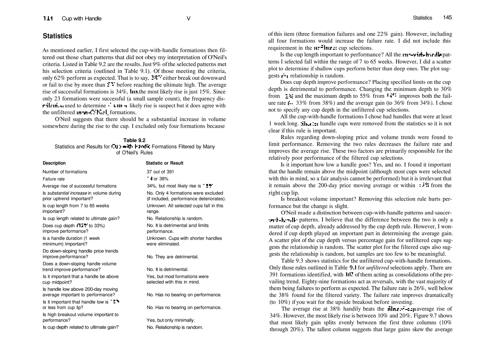 144 Cup with Handle V
Statistics
As mentioned earlier, I first selected the cup­with­handle formations then fil­
tered out those chart patterns that did not obey my interpretation of O'Neil's
criteria. Listed in Table 9.2 are the results.Just 9% ofthe selected patterns met
his selection criteria (outlined in Table 9.1). Of those meeting the criteria,
only 62% perform as expected. That is to say, 38% either break out downward
or fail to rise by more than 5% before reaching the ultimate high. The average
rise of successful formations is 34%, but the most likely rise is just 15%. Since
only 23 formations were successful (a small sample count), the frequency dis­
tribution used to determine die mosu likely rise is suspect but it does agree with
the unfiltered (non­O'Neil) formations.
O'Neil suggests that there should be a substantial increase in volume
somewhere during the rise to the cup. I excluded only four formations because
Table 9.2
Statistics and Results for Cup­with­Handle Formations Filtered by Many
of O'Neil's Rules
Description Statistic or Result
Number of formations
Failure rate
Average rise of successful formations
Is substantial increase in volume during
prior uptrend important?
Is cup length from 7 to 65 weeks
important?
Is cup length related to ultimate gain?
Does cup depth (12% to 33%)
improve performance?
Is a handle duration (1 week
minimum) important?
Do down­sloping handle price trends
improve performance?
Does a down­sloping handle volume
trend improve performance?
Is it important that a handle be above
cup midpoint?
Is handle low above 200­day moving
average important to performance?
Is it important that handle low is 15%
or less from cup lip?
Is high breakout volume important to
performance?
Is cup depth related to ultimate gain?
Statistics 145
37 out of 391
14 or 38%
34%, but most likely rise is 15%
No. Only 4 formations were excluded
(if included, performance deteriorates).
Unknown. All selected cups fall in this
range.
No. Relationship is random.
No. It is detrimental and limits
performance.
Unknown. Cups with shorter handles
were eliminated.
No. They are detrimental.
No. It is detrimental.
Yes, but most formations were
selected with this in mind.
No. Has no bearing on performance.
No. Has no bearing on performance.
Yes, but only minimally.
No. Relationship is random.
of this item (three formation failures and one 22% gain). However, including
all four formations would increase the failure rate. I did not include this
requirement in the unfiltered cup selections.
Is the cup length important to performance? All the cup­with­handle pat­
terns I selected fall within the range of 7 to 65 weeks. However, I did a scatter
plot to determine if shallow cups perform better than deep ones. The plot sug­
gests die relationship is random.
Does cup depth improve performance? Placing specified limits on the cup
depth is detrimental to performance. Changing the minimum depth to 30%
from 12% and the maximum depth to 55% from 33% improves both the fail­
ure rate 'to 33% from 38%) and the average gain (to 36% from 34%). I chose
not to specify any cup depth in the unfiltered cup selections.
All the cup­with­handle formations I chose had handles that were at least
1 week long. Snorter handle cups were removed from the statistics so it is not
clear if this rule is important.
Rules regarding down­sloping price and volume trends were found to
limit performance. Removing the two rules decreases the failure rate and
improves the average rise. These two factors are primarily responsible for the
relatively poor performance of the filtered cup selections.
Is it important how low a handle goes? Yes, and no. I found it important
that the handle remain above the midpoint (although most cups were selected
with this in mind, so a fair analysis cannot be performed) but it is irrelevant that
it remain above the 200­day price moving average or within 15% from the
right cup lip.
Is breakout volume important? Removing this selection rule hurts per­
formance but the change is slight.
O'Neil made a distinction between cup­with­handle patterns and saucer­
with­handle patterns. I believe that the difference between the two is only a
matter ofcup depth, already addressed by the cup depth rule. However, I won­
dered if cup depth played an important part in determining the average gain.
A scatter plot of the cup depth versus percentage gain for unfiltered cups sug­
gests the relationship is random. The scatter plot for the filtered cups also sug­
gests the relationship is random, but samples are too few to be meaningful.
Table 9.3 shows statistics for the unfiltered cup­with­handle formations.
Only those rules outlined in Table 9.1 for unfiltered selections apply. There are
391 formations identified, with 302 ofthem acting as consolidations ofthe pre­
vailing trend. Eighty­nine formations act as reversals, with the vast majority of
them being failures to perform as expected. The failure rate is 26%, well below
the 38% found for the filtered variety. The failure rate improves dramatically
(to 10%) if you wait for the upside breakout before investing.
The average rise at 38% handily beats the filtered­cup average rise of
34%. However, the most likely rise is between 10% and 20%. Figure 9.7 shows
that most likely gain splits evenly between the first three columns (10%
through 20%). The tallest column suggests that large gains skew the average
 