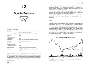 12
Double Bottoms
RESULTS SNAPSHOT
Appearance
Reversal or consolidation
Failure rate
Failure rate ifwaited
for breakout
Averagerise
Volume trend
Throwbacks
Percentage meeting
predicted price target
Surprising finding
See also
A downward price trend bottoms out, rises, then
bottoms again before climbing.
Short­term (up to 3 months) bullish reversal
64%
3%
40%, with most likely rise between 20 and 30%
Downward until breakout
68%
68%
Bottoms closer together show larger gains
Head­and­Shoulders Bottoms, Complex; Horn
Bottoms
Perhaps the biggest surprise with double bottoms is the high failure rate at
64%. Only a third of the formations classify as true double bottoms. They are
the ones that have prices rising above the confirmation point, which is the
highest high between the two lows. The failure rate tumbles to just 3 % if one
waits for confirmation. Only those formations with confirmed breakouts are evalu­
ated in this study.
182
' Tour 183
The average rise is 40% but is tempered by a third ofthe formations hav­
ing gains less than 15%. These small rises are balanced by a third of the for­
mations showing gains over 45%. The most likely rise is between 20% and
30%, relatively high for bullish formations.
Throwbacks occur 68% of the time, suggesting it is wise to wait for a
throwback and invest once prices turn upward. In some cases, waiting for a
throwback can save you from making an unprofitable trade.
A surprising finding is that bottoms closer together outperform those
spaced farther apart. The Statistics section of this chapter examines this in
more detail.
Tour
What does a double bottom look like? Figure 12.1 shows a good example of a
double bottom. Prices reach a high in mid­March then head lower. For the
next 3 months, prices continue down in a steady decline to die low inJune.
Volume picks up as prices near the low then peg the meter at over 1.1
million shares onJune 18, the day prices reach a low of 12.69. From the March
high, the stock declines 47% in 3 months. The high volume marks the turning
point and the stock moves upward. However, a retest ofthe low is in store and
prices round over and head down again. In late August, prices make another
low when the stock drops to 13.06, also on high volume.
Fleetwood Enterprises (Manuf. Housing/Rec. Veil., NYSE, FLE)
Mar 92 Apr May Jun |ul Aug Sep Oct Nov Dec
Figure 12.1 A double bottom occurs after a downward price trend. High volume
commonly occurs on the first bottom.
 