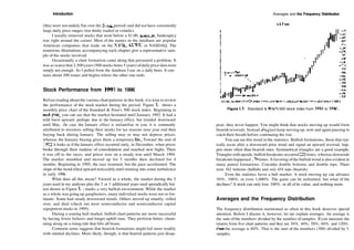 Introduction
(theywere not unduly flat over the 5­year period) and did not have consistently
large daily price ranges (too thinly traded or volatile).
I usually removed stocks that went below a $1.00, assuming bankruptcy
was right around the corner. Most of the names in the database are popular
American companies that trade on the NYSE, AMEX, or NASDAQ. The
numerous illustrations accompanying each chapter give a representative sam­
ple of the stocks involved.
Occasionally a chart formation came along that presented a problem. It
was so scarce that 2,500years (500 stocks times 5 years) ofdailyprice datawere
simply not enough. So I pulled from the database I use on a daily basis. It con­
tains about 300 issues and begins where the other one ends.
Stock Performance from 1991 to 1996
Before reading about the various chart patterns in this book, it is wise to review
the performance of the stock market during the period. Figure 1.1 shows a
monthly price chart of the Standard & Poor's 500 stock index. Beginning in
mid­1991, you can see that the market hesitated until January 1992. It had a
wild burst upward, perhaps due to the January effect, but trended downward
until May. (In case the January effect is unfamiliar to you, it is commonly
attributed to investors selling their stocks for tax reasons near year end then
buying back during January. The selling may or may not depress prices,
whereas the January buying gives them a temporary lift.) Toward the end of
1992, it looks as if the January effect occurred early, in December, when prices
broke through their malaise of consolidation and reached new highs. Then
it was off to the races, and prices rose on a steady tear until March 1994.
The market stumbled and moved up for 5 months then declined for 4
months. Beginning in 1995, the race resumed, but the pace accelerated. The
slope of the trend tilted upward noticeably until running into some turbulence
in early 1996.
What does all this mean? Viewed as a whole, the market during the 5
years used in my analyses plus the 2 or 3 additional years used sporadically but
not shown in Figure I.I, marks a very bullish environment. While the market
as a whole was going up gangbusters, many individual stocks were not so for­
tunate. Some had steady downward trends. Others moved up smartly, rolled
over, and died (check out most semiconductor and semiconductor capital
equipment stocks in 1995).
During a soaring bull market, bullish chart patterns are more successful
by having fewer failures and longer uphill runs. They perform better, chum­
ming along on a rising tide that lifts all boats.
Common sense suggests that bearish formations might fail more readily
with stunted declines. More likely, though, is that bearish patterns just disap­
Averages and the Frequency Distribution
s & P soo
Figure 1.1 Standard & Poor's 500 stock index from 1991 to 1996.
pear; they never happen. You might think that stocks moving up would form
bearish reversals. Instead, diey just keep moving up, now and again pausing to
catch their breath before continuing the rise.
You can see this trend in the statistics. Bullish formations, those that typ­
ically occur after a downward price trend and signal an upward reversal, hap­
pen more often than bearish ones. Symmetrical triangles are a good example.
Triangleswithupside, bullishbreakouts occurred 225 times, whereas downside
breakouts happened 176 times. A favoring ofthe bullish trend is also evident in
many paired formations. Consider double bottoms and double tops. There
were 542 bottoms (bullish) and only 454 tops (bearish).
Even the statistics favor a bull market. A stock moving up can advance
50%, 100%, or even 1,000%. The gains can be unlimited, but what of the
declines? A stock can only lose 100%, or all ofits value, and nothing more.
Averages and the Frequency Distribution
The frequency distribution mentioned so often in this book deserves special
attention. Before I discuss it, however, let me explain averages. An average is
the sum ofthe numbers divided by the number ofsamples. Ifyou measure the
returns from five chart patterns and they are 30%, 40%, 50%, 60%, and 120%,
dien the average is 60%. That is the sum of the numbers (300) divided by 5
samples.
 