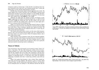 218 Flags and Pennants
formations usually are shorter than 3 weeks but this is an arbitrary limit. Six­
teen formations in this study (6%) have durations greater than 3 weeks (the
longest flag is 32 days and the longest pennant is 28 days).
Reliable flags and pennants appear during steep, quick price trends. The
trends might be up or down, but prices rise or fall quickly, moving several
points in just a few days to a fewweeks. In Figure 14.3, for example, the down­
trend begins on January 18 and the flag begins on February 1. In that short
time, prices tumble from a high of 403
/4 to a low of 301
/g.
Although one might argue the uptrend in Figure 14.4 begins in early
April, I suggest the rise leading to the pennant begins later, on April 26, from
a low price of 223
/8. Six trading days later, the price climbs to the top of the
pennant at 313
/4. The later starting point is after the two minor highs and it
serves as a reference point for the measure rule.
Figure 14.3, the price trend in die flag slopes upward, whereas in Figure
14.4 the pennant slopes downward. This behavior is typical for the prevailing
price trend (that is, flags or pennants typically move against the trend). The
chart patterns usually appear near the midpoint of the move. As such, they are
often termed half­mast formations.
The volume trend nearly always recedes over the course ofthe formation.
However, this is not an inviolate rule but usually is the case. I should point out
that rising volume is no cause for alarm. Of the 45 formation failures, only 4
have rising volume trends.
When selecting a flag or pennant to trade, the most important guideline
is the rapid, steep price trend. If prices are meandering up or down and form a
flag or pennant, then look elsewhere. The flag or pennant must be a place
where the stock can take a breather from its rapid pace. Prices move against the
short­term trend for several days before continuing on.
Focus on Failures
Like all formations, flags and pennants are not immune to failure. Figure 14.5
shows a flag failure. The flag, while obeying the confines of the two down­
sloping trendlines, has a good volume trend. Prices should continue higher
after the flag completes but do not. Why? One explanation is that the form­
ation is just too long at 26 days. Sometimes an excessively long formation
suggests an impending failure or a weak price move (after the breakout).
Trade flags or pennants more than 3 weeks long carefully or pass them up
entirely.
Figure 14.6, another flag formation, is also a failure. Prices should con­
tinue rising after the flag completes. The duration is good, at 10 days (about
average for flags), and the volume trend is downward. However, the formation
has an inadequate price rise leading to it. The difference between the take­off
..alog Device! Inc. (Semiconductor, NYSE, ADI)
Jan 96 May
Figure 14.5 A flag failure. The failure of prices to continue rising is probably due
to two factors: The price rise leading to the formation is short and the flag is longer
than normal.
Figure 14.6 Another flag formation failure. Prices rise for just 1 day before this
flag develops, much too short a rise to support a good formation.
719
 