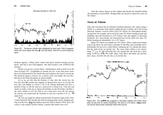 406 Outside Days
Allied Signal (Diversified Co., NYSE, ALD)
)ul 95 Aug Dec Jan 96 Feb Mar
Figure 29.1 Numerous outside days highlighted by black dots. Point A suggests
prices will move higher and they do, but only briefly. Point B is a more timely buy
signal.
breakout appears, telling astute traders that prices should continue moving
down. And that is just what happens. The stock reaches a low of 41'/s in late
October.
Before you get too excited about diis formation, look at point A on the
chart in Figure 29.1. It highlights an outside day too. A day later prices close
above the high posted by the outside day and it appears the stock is moving up.
The breakout signal is correct, too, as prices close even higher the next day.
But that is all. From that point on, prices tumble.
Let us say you buy after the breakout (2 days after the outside day; the
first day after die outside day suggests an upward price move so you buy the
next day) and happen to receive a fill at 46. During September you have a
handful of days to sell the stock at a small profit or break­even. Your first real
chance to make a tidy sum is during the holidays in late November. On May 1
the stock climbs to over 60. That is not a bad move from 46, but during
the interim you would need the fortitude to wait out a decline to 41 (a 10%
paper loss).
By now you might be asking yourself if this formation really works. Take
a look at point B. This outside day calls the turning point exactly. Imagine get­
ting in at the low, 41'/s, and riding it up to 60. That is almost a 50% move. Of
course, it also requires perfect timing, a quality that eludes most of us.
Focus on Failures 407
Scan the various figures in this chapter and decide for yourself whether
this formation is trustworthy. Perhaps there are lessons to learn ifwe focus on
the failures.
Focus on Failures
Since this formation has no definitive breakout direction, one cannot assign a
failure to a particular chart pattern simply because it breaks out in the wrong
direction. Instead, I wait for what I call a 5% failure. If a chart pattern breaks
out upward, for example, moves up by less than 5% before turning around and
tumbling, then the formation is a 5% failure. This also applies to downside
breakouts. If a stock breaks out downward but travels down less than 5%
before heading up substantially, it is a 5% failure.
Figure 29.2 shows an example ofa 5% failure. After a sharp run up begin­
ning in late April, the stock takes a breather in mid­May and essentially moves
horizontally for just over a week before continuing up. It is during this pause
that the stock forms an outside day. The stock trades within a very narrow
range, 26'/s to 26. The following day, the outside day, the stock has a price
range of 263
/8 to 257
/g. The wider range, both above and below the previous
day's range, classifies the new day as an outside day.
Figure 29.2 The outside day suggests a downside breakout but prices move
down by less than 5% before recovering. The result is a 5% failure. Later, a dead­
cat bounce drops prices drastically before they bounce.
 