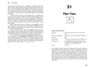 428 Pipe Bottoms
action, certainly longer than the brief, 1­week, dip in mid­March. The follow­
ing week prices moved up smartly, leaving a clear pipe bottom visible on the
chart. At the end ofthat week, Peter bought the stock and received a fill at 42.
He set a stop loss at 377
/8, H below a whole number. Peter placed the stop there
because he knew that whole numbers are sometimes support areas. Placing the
stop just below 38 would give the stock every opportunity to turn around and
move higher.
As Peter watched the stock, he was pleased that it was working out so
well. The real test, he knew, would be when the stock approached the top ofits
trading range. Over the prior 2 years, it had reached a high of 55'/2 and a low
of 401
/2. Ifyou exclude 3 months when prices shot higher then fell back down,
the range was tighter with a high about 49. Peter knew that 49 and 55H were
the keys. If prices pierced those levels, then they would probably continue
moving higher.
Peter watched the stock and when it reached a high of 50'/4 and fell back,
he knew this run was not the one that would send the stock higher. He saw
prices crumble again and hoped that it was only a retest ofthe low and not the
start of a new downside breakout.
During late November, prices reached a low of 385
/8, tying one of the pipe
lows. Then prices moved modestly higher. Peter decided to double his position
and bought more stock. In early February, prices broke out of their congestion
zone and zoomed higher. From that point on, there was no looking back.
Prices continued rising in an almost straight­line bead until April 1996.
Then, after setting a new high (803
/8), prices backtracked. Expecting a retrace
in an uptrend, Peter held onto his shares. He watched the shares sink and
when they reached 72, he gave up and sold. Prices dipped to 693
/4 before begin­
ning upward again. Peter sold too soon (as it continued moving substantially
higher). Still, he made $30 a share or 71% in about 2 years.
31
Pipe Tops
R E S U L T S S N A P S H O T
Appearance
Reversal or consolidation
Failure rate
Average decline
Surprising result
See also
Two adjacent upward price spikes on the weekly
chart
Short­term (up to 3 months) bearish consolidation
18%
21%, with most likely decline between 10% and 20%
A 3­month downtrend (minimum) leading to the
formation results in the best performance, with losses
averaging 24% and an 11% failure rate.
Horn Tops
Ifyou compare the above statistics with horn tops, you will not find much dif­
ference because the two formations are similar, even in appearance. Still, the
18% failure rate for pipe tops is quite good, below the 20% maximum for for­
mations that I consider reliable. The average decline is 21 % with a likely loss
between 10% and 20%. This is an improvement from horn tops, which show
the most likely loss to be just 10%. The best performing pipe tops are those
with price trends at least 3 months long leading down to the formation. The
pipes appear as part of a retrace in a downtrend and perform much better than
other combinations. They score average losses of 24% with a smaller failure
rate of 11%.
429
 