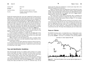 502 Shark­32
Volume trend
Fullbacks
Surprising finding
See also
Downward
58%
Horizontal symmetry improves results.
Triangles, Symmetrical Bottoms; Triangles,
Symmetrical Tops
Despite this formation being only 3 days long, I applied the 5% failure rule to its
performance. A 5% failure occurs when prices move less than 5% in the breakout
direction before reversing and moving significantly in the new direction. For
sharks with upside breakouts, the failure rate is exceedingly high at 41 %. The fail­
ure rate is even worse for downside breakouts at 44%. I consider formations to be
reliable if the failure rate is below 20%. The reason for the poor showing is, in
part, because ofthe compactness of the formation. Prices break out in one direc­
tion, reverse course, and shoot out the opposite side of the formation, scoring a
failure. With larger chart patterns, the stock has more opportunity to resume the
original breakout direction before making it to the other side of die pattern.
The average rise from upside breakouts is 32%, well below the 40%
posted by well­performing formations. Downside breakouts perform in line
with their bearish cousins, scoring a 21% average decline.
I used a frequency distribution to compute the most likely gain or loss.
Both types of breakouts have likely gains or losses of about 10%. These results
are typical for many formations and suggest that you have to be ready to pull
the trigger quickly ifyou want to keep any profit.
Shark­32 patterns with both breakout types show a receding volume
trend over the 3 days, just as any other symmetrical triangle (sharks are very
short symmetrical triangles).
Some analysts say that sharks appearing symmetrical about the horizon­
tal axis perform better than those that are not symmetrical. I found this to be
true generally for both breakout directions. I explore this further in the Statis­
tics section later in this chapter.
Tour and Identification Guidelines
The narrowing highs and lows of a shark­32 pattern remind me of a spring
being wound tighter and tighter. Eventually the spring releases and prices
shoot out of the formation. That is the theory, anyway, but the reality shows
that prices quickly return, causing a failure. More about failures later.
As far as formations go, this one is easy to identify and quite common. I
offer no table of identification guidelines because it is so simple. Locate a 3­day
price pattern that looks like a short symmetrical triangle, that is, a chart pattern
having lower highs and higher lows on each of 3 consecutive days. No ties
^­ Focus on Failures 503
allowed and the shortest day should have a nonzero price range (that is, the
high and low cannot be the same price).
Figure 37.1 illustrates what I am talking about. Ifyou look closely, the tops
slope downward and the bottoms slope upward, forming a 3­day symmetrical
triangle. Each succeeding high is below the prior day's high and each succeed­
ing low is above the prior day's low. Together, they form a 3­day, triangular­
shaped shark fin, hence the name shark­32.
The volume trend is nearly always downward. This is sometimes not
clear, but I used linear regression to compute the slope of the line over the 3­
day formation. All three chart patterns shown in Figure 37.1, for example,
have downward volume trends.
At first you may be skeptical that the formation on the right has a down­
ward volume trend. Think of it this way: If you substitute dots instead of vol­
ume bars in die figure then draw a line so that it is equidistant from the three
dots, you will find that the slope of this line is downward (higher on the left).
In essence, this is linear regression, a mathematical way of placing the line
evenly between the dots. The slope ofthe resulting line gives the volume trend.
Focus on Failures
The shark­32 formation sports a very high failure rate, so finding failure exam­
ples is easy. Figure 37.2 shows a shark formation failure. Regardless of what
you call this formation—a reversal or consolidation of the prevailing trend—
Alien Telecom, Inc. (Telecom. Equipment, NYSE, ALN)
Sep93 Oct Nov Dec
Figure 37.1 Three shark­32 patterns. Each has lower highs and higher lows on 3
consecutive days.
 