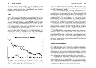 530 Triangles, Descending
The average decline, at 19%, is about what you would expect from a bearish
formation. The most likely decline, at 10% to 20%, is evenly distributed across
the range. Premature breakouts occur in nearly a quarter of the formations
(22%), so that is something to watch out for.
Tour
Figure 39.1 shows a descending triangle that is typical in many respects. Prices
rise to meet a down­sloping trendline on the top of the pattern and fall back.
Then, they rebound off a horizontal trendline along the base ofthe formation.
The volume pattern is unusual for a descending triangle. Normally, volume
recedes as the breakout approaches, but this one appears to have a V­shaped
trend—higher at the beginning and end and weaker in the center. The break­
out is downward and occurs on low volume. A bearish breakout can have high
or low volume but volume is usually heavy. After the breakout, prices pull back
to the triangle boundary before continuing down.
Why do descending triangles form? The descending triangle shown in
Figure 39.1 begins forming in October 1994 as part of a consolidation in a
downward trend. Imagine you believe the fair value of this stock is 73
/s but is
overvalued at prices much above that. You tell your broker to buy the stock
Fllene's Basement Corp (Retail (Special Lines), NASDAQ, BSMT)
Sep94 Oct tan 95
Figure 39.1 A nicely formed descending triangle with unusual volume pattern.
Typically, volume trends downward and is quite low just before the breakout. Also
shown is a pullback, repulsed by the horizontal resistance level.
Identification Guidelines 531
should it fall to 73
/8. After reaching a minor high at 83
/s on October 11, the
stock begins declining for a few days. It descends and reaches the buy price 2
days later. Your broker buys the stock.
You are not alone. Other investors, believing the stock is retesting the low
that occurred a week earlier, also buy the stock. Together, the buying puts a
momentary floor on the stock. For the next 2 days, the stock returns to the 73
/s
level before buying demand pushes the price higher. This time the stock does
not climb as high as the prior minor high; it only reaches a value of 8:
/8 before
turning down. Again, when the stock reaches a low of 73
/8, buying demand
increases enough to halt the decline at that level and to send the stock moving
back up. During the next 2 weeks or so, you and other investors buy the stock.
Enthusiasm for the stock quickly wanes and a series of lower highs outline a
down­sloping trend. The floor, at 7%, becomes the horizontal support level.
Eventually, investors buy enough of the stock and have either run out of
money to buy more or decide they already own enough. The stock slips below
the support line on November 9, and closes at the low for the day at 7l
/s. The
stock hovers near that price for a few more days before continuing down in
earnest on higher volume.
Quick­footed investors, realizing that the floor is no longer holding firm,
sell the stock. The price begins declining rapidly now but soon levels off. For
a few days, selling pressure meets buying demand and the decline halts, turns
around, and begins moving up. It nears the base of the triangle and the smart
money quickly disposes of any remaining shares in their portfolios. The pull­
back completes and the stock rounds over and starts heading down again. In 3
months' time the stock reaches the ultimate low ofjust under 3 before leveling
out. That is a decline of 60%.
Identification Guidelines
Descending triangles have distinctive chart patterns making them easy to iden­
tify. Consider the triangles shown in Figure 39.2. A descending triangle appears
during March and April 1993 and marks the end of a long rise started in late
1992. On above average volume, the stock moves up in early March then
quickly rounds over and heads down. It declines to a low of about 29'/2 where it
finds support. Prices bounce back up again, not carrying as high this time, then
return to the support level. As April dawns, the stock bounces one last time
before falling through the support line and heading down on high volume.
Like a ball bouncing along the floor, each bounce from the support line
is less high than the previous bounce, giving the formation a down­sloping
appearance along the top. The support region at 29'/2 is flat. These two ingre­
dients, a down sloping trendline on the top and a horizontal support line on the
bottom, are the two main characteristics of descending triangles. A receding
volume pattern throughout the formation rounds out the picture.
 
