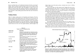68 Broadening Tops
hasten to add that there are 36 additional formations that have more than 5
touches. Some five­point reversals, inverted or not, go on to bounce off the
opposite side several more times. Once that happens, of course, they are no
longer five­point reversals. My conclusion is that there is nothing magic about
five­point reversals or their inverted brethren. They are all broadening forma­
tions and there is really nothing special about them that I have been able to
determine.
Trading Tactics
Table 4.5 outlines trading tactics for broadening top formations. The first
thing to consider about trading tactics is the measure rule. The measure rule
predicts the price to which the stock will move. For many formations, one sim­
ply computes the height of the formation and adds the result to the breakout
price. Broadening formations are not much different. Consider Figure 4.6.
The height of the formation is the difference between the highest high (12H)
and the lowest low (10), or 2l
/s. For upside breakouts, add the height to the
Table 4.5
Trading Tactics for Broadening Tops
Trading Tactic Explanation
Measure rule
Co long at the low
Long stop
Go short at the high
Short stop
Move stops
Other
Compute the height between the highest high and the
lowest low in the formation. Add or subtract the height
from the highest high or lowest low, respectively. The
results are the target prices for upside and downside
breakouts.
Once a broadening top appears, buy after the stock
makes its turn at the low.
Place a stop­loss order  below the minor low. Should
the stock reverse course, you will be protected.
Sell short after prices start heading down at the top.
Place a stop  above the minor high to protect against
an adverse breakout. Cover the short when it turns at
the bottom trendline and starts moving up. For a
downside breakout, cover as it nears the target price or
any support level.
Raise the stop to the next lowest minor low (for prices
moving up) or next highest minor high (for prices
moving down) as prices cross the formation.
Go long if a broadening top shows a partial decline.
Consider adding to your position once it makes an
upside breakout.
Trading Tactics 69
highest high in the chart pattern giving a minimum price move of 14'/4, as
shown in the figure.
How do you make use of the measure rules? Imagine that you are con­
sidering purchasing the stock. Since it is never clear which way a broadening
formation will ultimately break out, it is difficult to pick a good long­term
entry point. The easiest way to invest using the formation is to buy just after
the stock turns at the bottom trendline.
Since a broadening formation requires two points along the top trendline
and two along the bottom before the formation appears, point A in Figure 4.6
shows one likely investment location. Before placing the buy order, compute
the target price using the measure rule. The target price will help you deter­
mine ifthe potential gain is worth the risk. In the example shown in Figure 4.6,
the purchase price is about 103
/8 and the target price is 14'/4, a 37% move. The
stop loss should be 97
/8, for a potential loss of 5%, which gives a reward­to­risk
ratio of 7 to 1, more than enough to risk a trade.
On an upside breakout, prices reach the target 75% of die time, on aver­
age. This means you need not feel pressured to sell too early. Let the stock
wind its way upward while you watch your profits grow.
Buy the stock as soon after it touches the lower trendline and moves
higher. Place a stop­loss order % below the lowest low (V8 below point A).
Should prices drop, your position will likely be sold before a large loss occurs.
Esterline Technologies (Precision Instrument, NYSE, ESL)
^ Double Top _
Jul 91 Aug Sep Oct Nov Dec |an 92 Feb Mar Apr
Figure 4.6 Use the measure rule to compute the target price. First, compute the
formation height from the highest high to the lowest low then add or subtract the
height from the highest high or lowest low, respectively. Depending on the break­
out direction, the result is the expected target price.
 