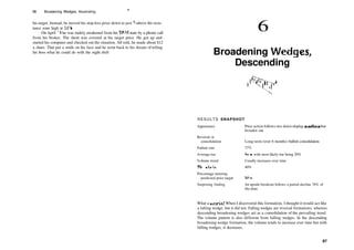 86 Broadening Wedges, Ascending "
his target. Instead, he moved his stop­loss price down to just '/s above the resis­
tance zone high at 363
/8.
On April 18 he was rudely awakened from his REM state by a phone call
from his broker. The short was covered at his target price. He got up and
started his computer and checked out the situation. All told, he made about $12
a share. That put a smile on his face and he went back to his dream of telling
his boss what he could do with the night shift
6
Broadening Wedges,
Descending
RESULTS SNAPSHOT
Appearance
Reversal or
consolidation
Failure rate
Average rise
Volume trend
Throwbacks
Percentage meeting
predicted price target
Surprising finding
Price action follows two down­sloping trendlines that
broaden out.
Long­term (over 6 months) bullish consolidation
37%
46%, with most likely rise being 20%
Usually increases over time
40%
81%
An upside breakout follows a partial decline 76% of
the time.
What a surprise! When I discovered this formation, I thought it would act like
a falling wedge, but it did not. Falling wedges are reversal formations, whereas
descending broadening wedges act as a consolidation of the prevailing trend.
The volume pattern is also different from falling wedges. In the descending
broadening wedge formation, the volume tends to increase over time but with
falling wedges, it decreases.
87
 