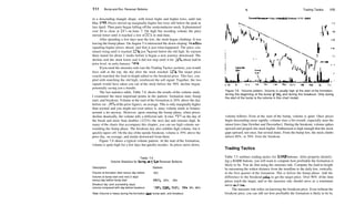 112 Bump­and­Run Reversal Bottoms
in a descending triangle shape, with lower highs and higher lows, until late
May 1993. Prices moved up marginally higher but were still below the peak in
late April. Then parts began falling off the semiconductor stock. It plummeted
over $4 to close at 233
/4 on June 7. On high but receding volume the price
moved lower until it reached a low of 203
/8 in mid­June.
After spending a few days near the low, the stock began climbing: It was
leaving the bump phase. On August 5 it intersected the down­sloping trendline
signaling higher prices ahead, and that is just what happened. The price con­
tinued rising until it reached 325
/s, just '/4 point below the old high. Its sojourn
there lasted for about 2 weeks before it began a new journey downward. The
decline sent the stock lower and it did not stop until it hit 163
/4, about half its
prior level, in earlyJanuary 1994.
Ifyou used the measure rule (see the Trading Tactics section), you would
have sold at the top, the day after the stock reached 32%. The target price
exactly matched the lead­in height added to the breakout price. This fact, cou­
pled with matching the old high, reinforced the sell signal. Together, the two
signals would have taken you out of the stock before the 50% decline began,
potentially saving you a bundle.
The last statistics table, Table 7.4, shows the results of the volume study.
I examined the most important points in the pattern: formation start, bump
start, and breakout. Volume at the start of the formation is 20% above the day
before (or 120% ofthe prior figure), on average. This is only marginally higher
than normal and you might not even notice it, since volume tends to bounce
around a lot anyway. However, upon entering the bump phase, when prices
decline drastically, the volume tells a different tale. It rises 75% on the day of
the break and more than doubles (223%) the next day and remains high. In
many of the charts that accompany this chapter, you can see high volume sur­
rounding the bump phase. The breakout day also exhibits high volume, but it
quickly tapers off. On the day ofthe upside breakout, volume is 39% above the
prior day, on average, and trends downward from there.
Figure 7.8 shows a typical volume pattern. At the start of the formation,
volume is quite high for a few days but quickly recedes. As prices move down,
Table 7.4
Volume Statistics for Bump­and­Run Reversal Bottoms
Description Statistic
Volume at formation start versus day before
Volume at bump start and next 2 days
versus day before bump start
Breakout day (and succeeding days)
volume compared with day before breakout
120%
175%, 223%, 192%
139%, 130%, 115%, 109%, 99%, 96%
 Trading Tactics 113
General Housewares Corp. (Household Products, NYSE, CHW)
­14
Note: Volume is heavy during the formation start, bump start, and breakout.
Figure 7.8 Volume pattern. Volume is usually high at the start of the formation,
during the beginning of the bump phase, and during the breakout. Only during
the start of the bump is the volume in this chart muted.
volume follows. Even at the start of the bump, volume is quiet. Once prices
begin descending more rapidly, volume rises a bit overall, especially near the
minor lows (late October and December). During the breakout, volume spikes
upward and propels the stock higher. Enthusiasm is high enough that the stock
gaps upward, not once, but several times. From the bump low, the stock climbs
almost 80%, or 50% from the breakout.
Trading Tactics
Table 7.5 outlines trading tactics for BARR bottoms. After properly identify­
ing a BARR bottom, you will want to compute how profitable the formation is
likely to be. You do that using the measure rule. Compute the lead­in height
by measuring the widest distance from the trendline to the daily low, vertically,
in the first quarter of the formation. This is before the bump phase. Add the
difference to the breakout price to get the target price. Over 90% of the time
prices reach the target, and so the measure rule should serve as a minimum
move estimate.
The measure rule relies on knowing the breakout price. Even without the
breakout price, you can still see how profitable the formation is likely to be by
 
