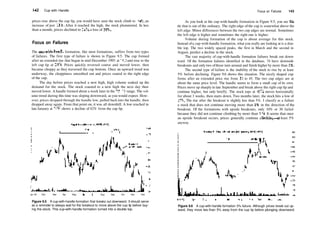 142 Cup with Handle
prices rose above the cup lip, you would have seen the stock climb to 341
/2, an
increase of just 11%. After it reached the high, the stock plummeted. In less
than a month, prices declined to 2ll
/i, a loss of 38%.
Focus on Failures
The cup­with­handle formation, like most formations, suffers from two types
of failures. The first type of failure is shown in Figure 9.5. The cup formed
after an extended rise that began in mid­December 1993 at I5l
/i and rose to the
left cup lip at 243
/s. Prices quickly reversed course and moved lower, then
became choppy as they traversed the cup bottom. Once an upward trend was
underway, the choppiness smoothed out and prices soared to the right edge
of the cup.
The day before prices reached a new high, high volume soaked up the
demand for the stock. The stock coasted to a new high the next day then
moved lower. A handle formed about a week later in the 22­2 3 range. The vol­
ume trend during this time was sloping downward, as you would expect. How­
ever, prices dropped through the handle low, pulled back into the handle, then
dropped away again. From that point on, it was all downhill. A low reached in
late January at H1
/: shows a decline of 42% from the cup lip.
|an 94 Feb Mar Apr May |un Jul Aug Sep Oct Nov Dec
Figure 9.5 A cup­with­handle formation that breaks out downward. It should serve
as a reminder to always wait for the breakout to move above the cup lip before buy­
ing the stock. This cup­with­handle formation turned into a double top.
Focus on Failures 143
As you look at the cup­with­handle formation in Figure 9.5, you see lit­
tle that is out of the ordinary. The right edge ofthe cup is somewhat above the
left edge. Minor differences between the two cup edges are normal. Sometimes
the left edge is higher and sometimes the right one is higher.
Volume during formation of the cup is about average for this stock.
Instead ofa cup­with­handle formation, what you really are looking at is a dou­
ble top. The two widely spaced peaks, the first in March and the second in
August, predict a decline in the stock.
The vast majority of cup­with­handle formation failures break out down­
ward. Of the formation failures identified in the database, 74 have downside
breakouts and only two ofthose turn around and finish higher by more than 5%.
The second type of failure is the inability of the stock to rise by at least
5% before declining. Figure 9.6 shows this situation. The nicely shaped cup
forms after an extended price rise from 33 to 45. The two cup edges are at
about the same price level. The handle seems to form a small cup of its own.
Prices move up sharply in late September and break above the right cup lip and
continue higher, but only briefly. The stock tops at 477
/8, moves horizontally
for about 3 weeks, then starts down. Two months later, the stock hits a low of
375
/g. The rise after the breakout is slightly less than 5%. I classify as a failure
a stock that does not continue moving more than 5% in the direction of the
breakout. Of the formations with upside breakouts, only 10% or 30 failed
because they did not continue climbing by more than 5%. It seems that once
an upside breakout occurs, prices generally continue climbing—at least 5%
anyway.
Figure 9.6 A cup­with­handle formation 5% failure. Although prices break out up­
ward, they move less than 5% away from the cup lip before plunging downward.
 