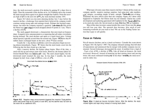 156 Dead­Cat Bounce
days, the stock recovered a portion of its decline by gaining $2 a share (low to
high). Then the remainder ofthe decline set in. As ifrubbing salt in the wound,
the stock moved down again in an almost straight­line fashion. From the recov­
ery high of 13'/2 to the new low of 9l
/2, the stock declined another 30%.
Figure 10.3 shows an even more alarming decline. Just 3 days before the
massive decline, a brokerage firm reported that it believed the company would
continue seeing strong sales and earnings trends. Perhaps this boosted expec­
tations, but when the company reported a quarterly loss—instead of the profit
the Street was expecting—the stock dropped almost 43 points in 1 day. That is
a decline of 62 %.
The stock gapped downward, a characteristic that most dead­cat bounces
share. Anegative news announcement is so surprising that sell orders overwhelm
buying demand. The stock declines and opens at a much lower price. Volume
shoots upward, typically several times the normal rate. Figure 10.3 shows that 49
million shares exchanged hands on the news, about 20 times normal.
Usually the 1­day decline establishes a new low and prices begin recover­
ing almost immediately. Figure 10.3 shows that the stock made a new low the
following day but then closed up a day later.
After a massive decline, the bounce phase begins. Most of the time, a
stock will rise up and retrace some ofits losses. However, the bounce phase for
Oxford Health Plans was brief—only 1 day. The stock closed higher, but the
downward trend resumed the next day. In less than 2 months, the stock
dropped by half, from a high of 28% to a low of 133
/4.
Oxford Health Plans (Medical Services, NASDAQ, OXHP)
Oct97
Figure 10.3 Negative news announcement triggered the massive 1­day decline,
which saw prices drop by 43 points or over 60%, but the decline was not over as
the stock fell an additional 43%.
Focus on Failures 157
What types ofevents cause these massive declines? Almost all the events are
company specific: negative earnings surprises, bad same­store sales numbers,
failed mergers, accounting sleight of hand, outright fraud—that sort of thing.
Sometimes the news affects more than one company. Figure 10.2 shows what
happened to Cephalon, but Chiron stock was not immune. Chiron has a joint
development and marketing agreement with Cephalon for the Myotrophin drug,
so its stock also took a hit, but not nearly as large (less than 5%) as Cephalon.
Most ofthe time investors cannot predict the event. Ifyou own the stock,
you will lose your shirt. The question then becomes, how much of your
remaining wardrobe do you want to lose? We see in the Trading Tactics sec­
tion that it pays to sell quickly.
Focus on Failures
Not all massive declines end in a dead­cat bounce. Consider the event shown
in Figure 10.4. On April 3, 1997, die company released earnings that fell short
of expectations and announced that its merger with another company was ter­
minated. Several brokerages downgraded the stock. It tumbled from a high of
17'A to a low of 95
/s, a decline of 44%. Like all dead­cat bounces, the stock
recovered. However, instead of bouncing up then turning down and moving
lower, this stock continued trending up. In less than 3 months, the stock recov­
ered its entire loss.
Checkpoint Systems (Precision Instrument, NYSE, CKP)
Figure 10.4 A dead­cat bounce formation failure. After the decline, the stock
moved higher and kept rising instead of moving back down.
 
