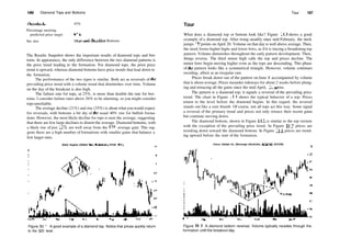 166 Diamond Tops and Bottoms
Throwbacks
Percentage meeting
predicted price target
See also
43%
95%
Head­and­Shoulders Bottoms
The Results Snapshot shows the important results of diamond tops and bot­
toms. In appearance, the only difference between the two diamond patterns is
the price trend leading to the formation. For diamond tops, the prior price
trend is upward, whereas diamond bottoms have price trends that lead down to
the formation.
The performance of the two types is similar. Both act as reversals of die
prevailing price trend with a volume trend that diminishes over time. Volume
on the day of the breakout is also high.
The failure rate for tops, at 25%, is more than double the rate for bot­
toms. I consider failure rates above 20% to be alarming, so you might consider
tops unreliable.
The average decline (21%) and rise (35%) is about what you would expect
for reversals, with bottoms a bit shy of die usual 40% rise for bullish forma­
tions. However, the most likely decline for tops is near the average, suggesting
that there are few large declines to distort the average. Diamond bottoms, with
a likely rise of just 15%, are well away from the 35% average gain. This sug­
gests there are a high number of formations with smaller gains that balance a
few larger ones.
Baker Hughes (Oilfield Svcs./Equipment, NYSE, BHI)
­25
­24
­23
17
Feb 95 Mar
Figure 11.1 A good example of a diamond top. Notice that prices quickly return
to the $20 level.
Tour 167
Tour
What does a diamond top or bottom look like? Figure 11.1 shows a good
example of a diamond top. After rising steadily since mid­February, the stock
jumps 11
/2 points on April 20. Volume on that day is well above average. Then,
the stock forms higher highs and lower lows, as ifit is tracing a broadening top
pattern. Volume diminishes throughout the early pattern development. Then,
things reverse. The third minor high calls the top and prices decline. The
minor lows begin moving higher even as the tops are descending. This phase
of die pattern looks like a symmetrical triangle. However, volume continues
receding, albeit at an irregular rate.
Prices break down out of the pattern on June 8 accompanied by volume
that is about average. Prices meander sideways for about 2 weeks before plung­
ing and retracing all the gains since the mid­April, 1­day rise.
The pattern is a diamond top; it signals a reversal of the prevailing price
trend. The chart in Figure 11.1 shows the typical behavior of a top: Prices
return to the level before the diamond begins. In this regard, the reversal
stands out like a sore thumb. Of course, not all tops act this way. Some signal
a reversal of the primary trend and prices not only retrace their recent gains
but continue moving down.
The diamond bottom, shown in Figure 11.2, is similar to the top version
with the exception of the prevailing price trend. In Figure 11.2, prices are
trending down toward the diamond bottom. In Figure 11.1, prices are trend­
ing upward before the start of the formation.
Coors, Adolph Co. (Beverage (Alcoholic), NASDAQ, ACCOB)
­24
]u!91
Figure 11.2 A diamond bottom reversal. Volume typically recedes through the
formation until the breakout day.
 