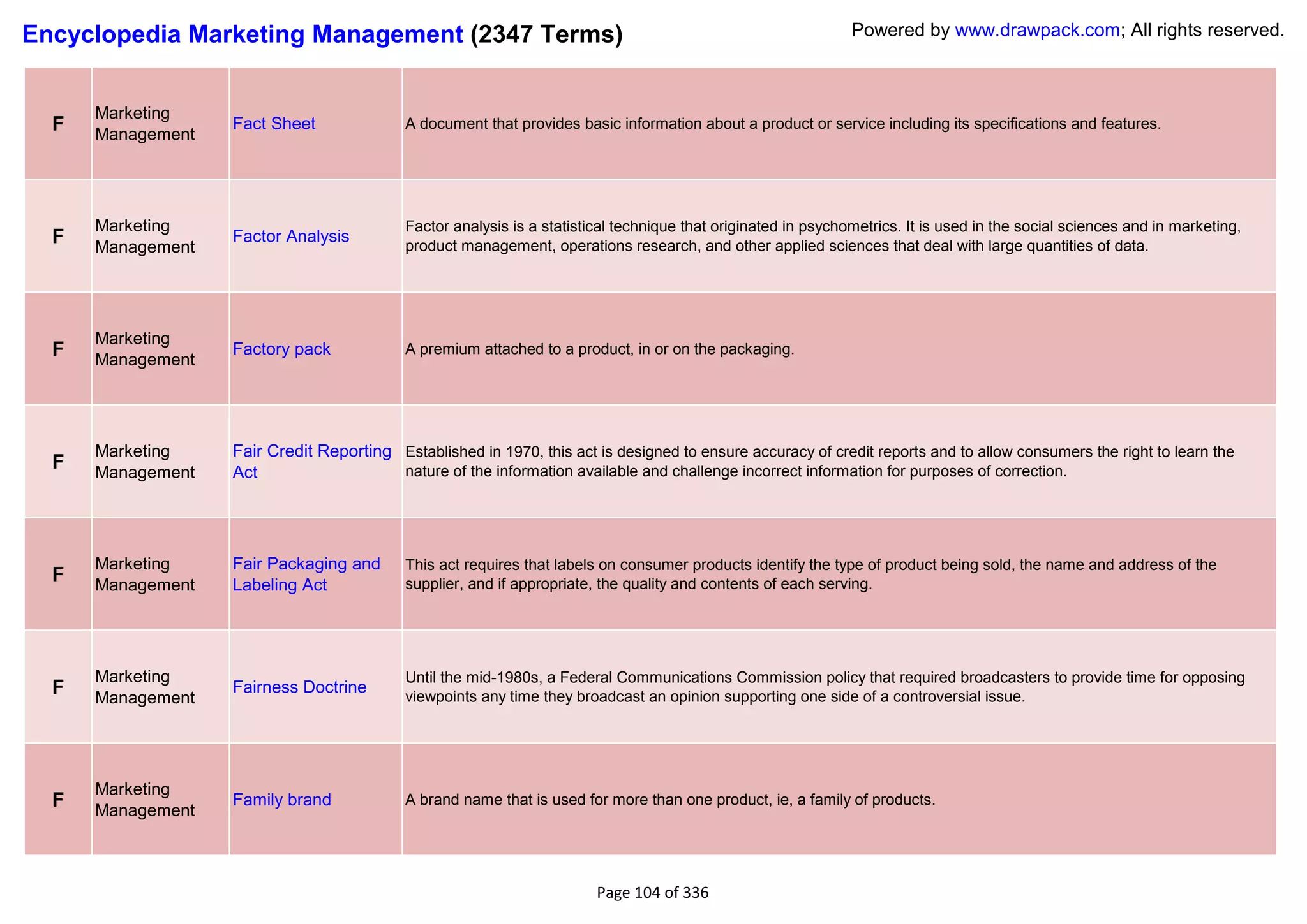 Encyclopedia Marketing Management (2347 Terms)                                                                  Powered by www.drawpack.com; All rights reserved.



      Marketing
  F   Management
                   Fact Sheet               A document that provides basic information about a product or service including its specifications and features.




      Marketing                             Factor analysis is a statistical technique that originated in psychometrics. It is used in the social sciences and in marketing,
  F   Management
                   Factor Analysis
                                            product management, operations research, and other applied sciences that deal with large quantities of data.




      Marketing
  F   Management
                   Factory pack             A premium attached to a product, in or on the packaging.




      Marketing    Fair Credit Reporting Established in 1970, this act is designed to ensure accuracy of credit reports and to allow consumers the right to learn the
  F   Management   Act                   nature of the information available and challenge incorrect information for purposes of correction.




      Marketing    Fair Packaging and       This act requires that labels on consumer products identify the type of product being sold, the name and address of the
  F   Management   Labeling Act             supplier, and if appropriate, the quality and contents of each serving.




      Marketing                             Until the mid-1980s, a Federal Communications Commission policy that required broadcasters to provide time for opposing
  F   Management
                   Fairness Doctrine
                                            viewpoints any time they broadcast an opinion supporting one side of a controversial issue.




      Marketing
  F   Management
                   Family brand             A brand name that is used for more than one product, ie, a family of products.




                                                                         Page 104 of 336
 