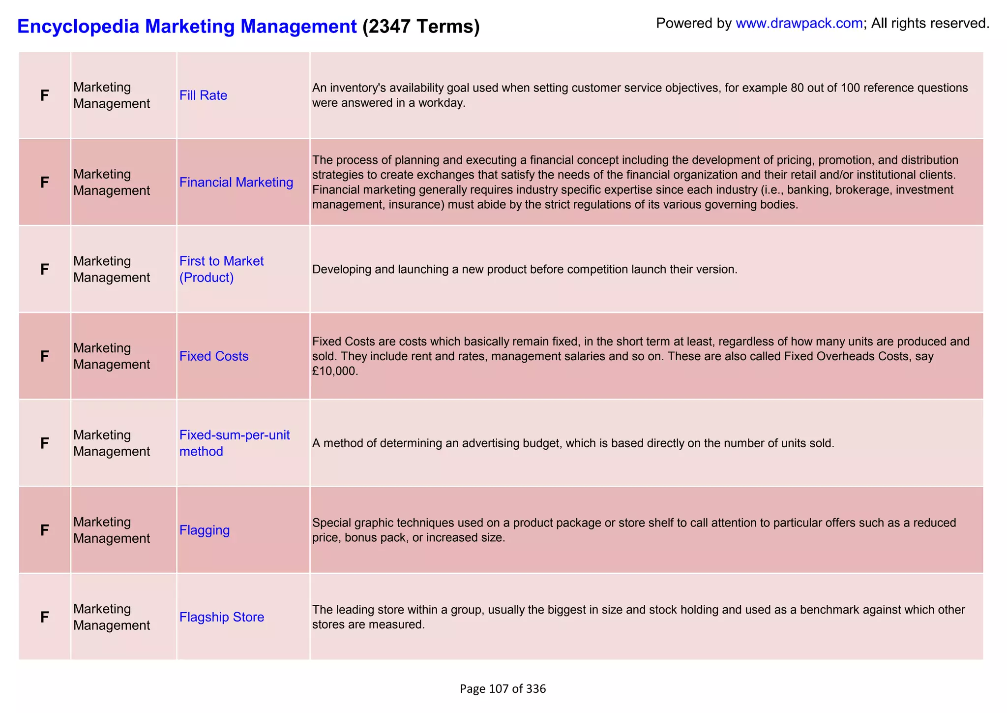 Encyclopedia Marketing Management (2347 Terms)                                                                Powered by www.drawpack.com; All rights reserved.



      Marketing                          An inventory's availability goal used when setting customer service objectives, for example 80 out of 100 reference questions
  F   Management
                   Fill Rate
                                         were answered in a workday.



                                         The process of planning and executing a financial concept including the development of pricing, promotion, and distribution
      Marketing                          strategies to create exchanges that satisfy the needs of the financial organization and their retail and/or institutional clients.
  F   Management
                   Financial Marketing
                                         Financial marketing generally requires industry specific expertise since each industry (i.e., banking, brokerage, investment
                                         management, insurance) must abide by the strict regulations of its various governing bodies.



      Marketing    First to Market
  F   Management   (Product)
                                         Developing and launching a new product before competition launch their version.




                                         Fixed Costs are costs which basically remain fixed, in the short term at least, regardless of how many units are produced and
      Marketing
  F   Management
                   Fixed Costs           sold. They include rent and rates, management salaries and so on. These are also called Fixed Overheads Costs, say
                                         £10,000.




      Marketing    Fixed-sum-per-unit
  F   Management   method
                                         A method of determining an advertising budget, which is based directly on the number of units sold.




      Marketing                          Special graphic techniques used on a product package or store shelf to call attention to particular offers such as a reduced
  F   Management
                   Flagging
                                         price, bonus pack, or increased size.




      Marketing                          The leading store within a group, usually the biggest in size and stock holding and used as a benchmark against which other
  F   Management
                   Flagship Store
                                         stores are measured.




                                                                      Page 107 of 336
 