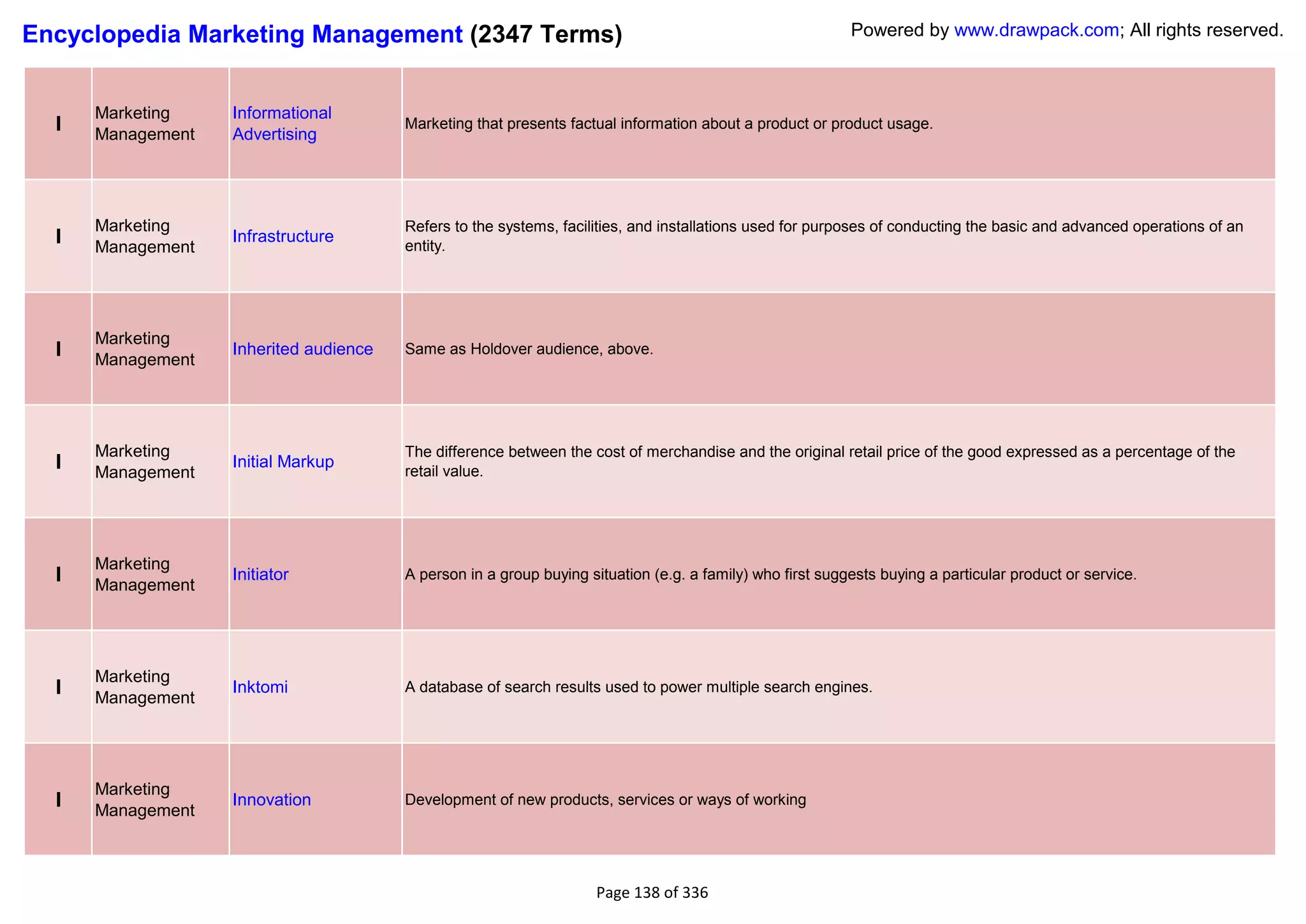 Encyclopedia Marketing Management (2347 Terms)                                                             Powered by www.drawpack.com; All rights reserved.



      Marketing    Informational
  I   Management   Advertising
                                        Marketing that presents factual information about a product or product usage.




      Marketing                         Refers to the systems, facilities, and installations used for purposes of conducting the basic and advanced operations of an
  I   Management
                   Infrastructure
                                        entity.




      Marketing
  I   Management
                   Inherited audience   Same as Holdover audience, above.




      Marketing                         The difference between the cost of merchandise and the original retail price of the good expressed as a percentage of the
  I   Management
                   Initial Markup
                                        retail value.




      Marketing
  I   Management
                   Initiator            A person in a group buying situation (e.g. a family) who first suggests buying a particular product or service.




      Marketing
  I   Management
                   Inktomi              A database of search results used to power multiple search engines.




      Marketing
  I   Management
                   Innovation           Development of new products, services or ways of working




                                                                    Page 138 of 336
 