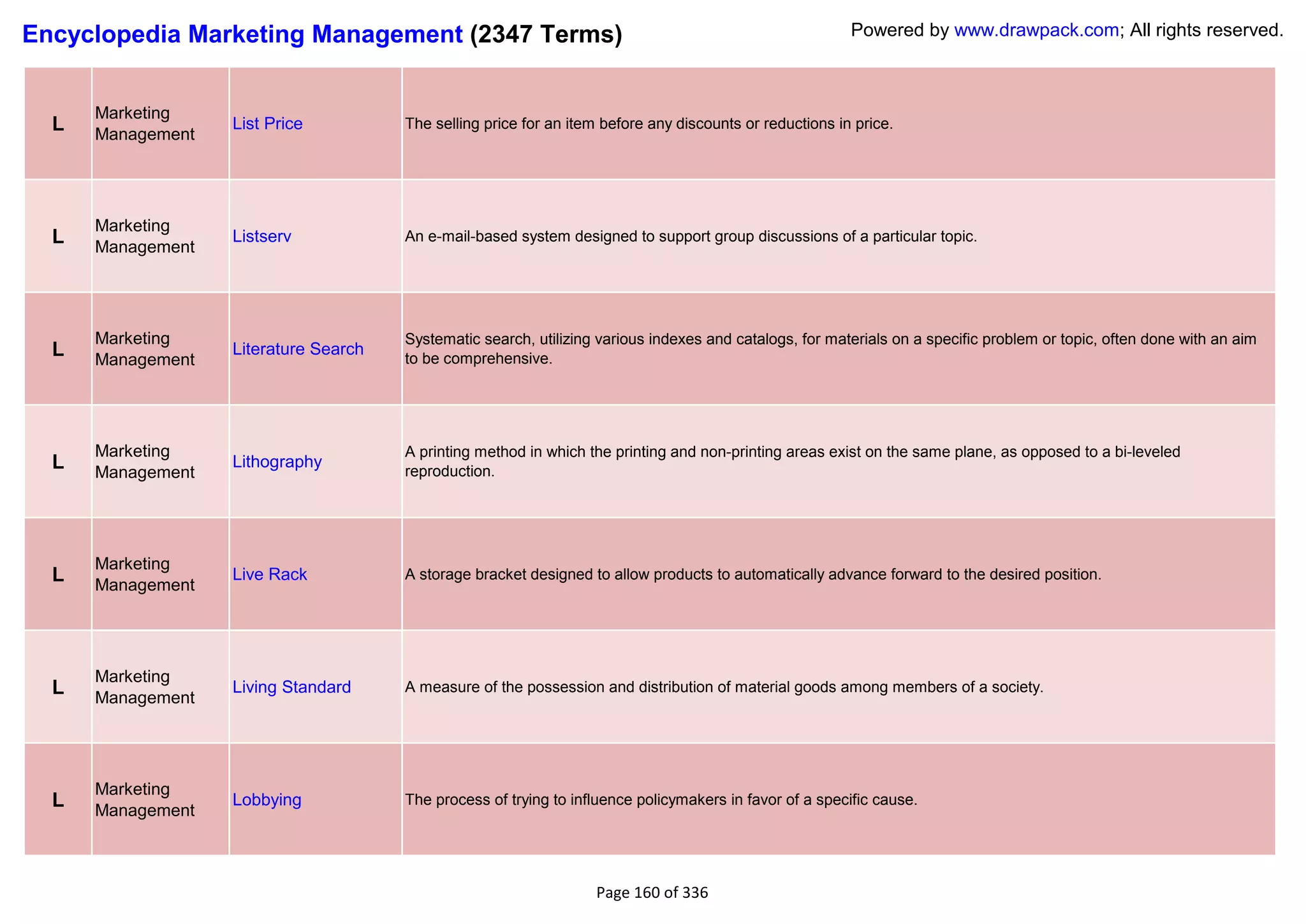 Encyclopedia Marketing Management (2347 Terms)                                                            Powered by www.drawpack.com; All rights reserved.



      Marketing
  L   Management
                   List Price          The selling price for an item before any discounts or reductions in price.




      Marketing
  L   Management
                   Listserv            An e-mail-based system designed to support group discussions of a particular topic.




      Marketing                        Systematic search, utilizing various indexes and catalogs, for materials on a specific problem or topic, often done with an aim
  L   Management
                   Literature Search
                                       to be comprehensive.




      Marketing                        A printing method in which the printing and non-printing areas exist on the same plane, as opposed to a bi-leveled
  L   Management
                   Lithography
                                       reproduction.




      Marketing
  L   Management
                   Live Rack           A storage bracket designed to allow products to automatically advance forward to the desired position.




      Marketing
  L   Management
                   Living Standard     A measure of the possession and distribution of material goods among members of a society.




      Marketing
  L   Management
                   Lobbying            The process of trying to influence policymakers in favor of a specific cause.




                                                                   Page 160 of 336
 