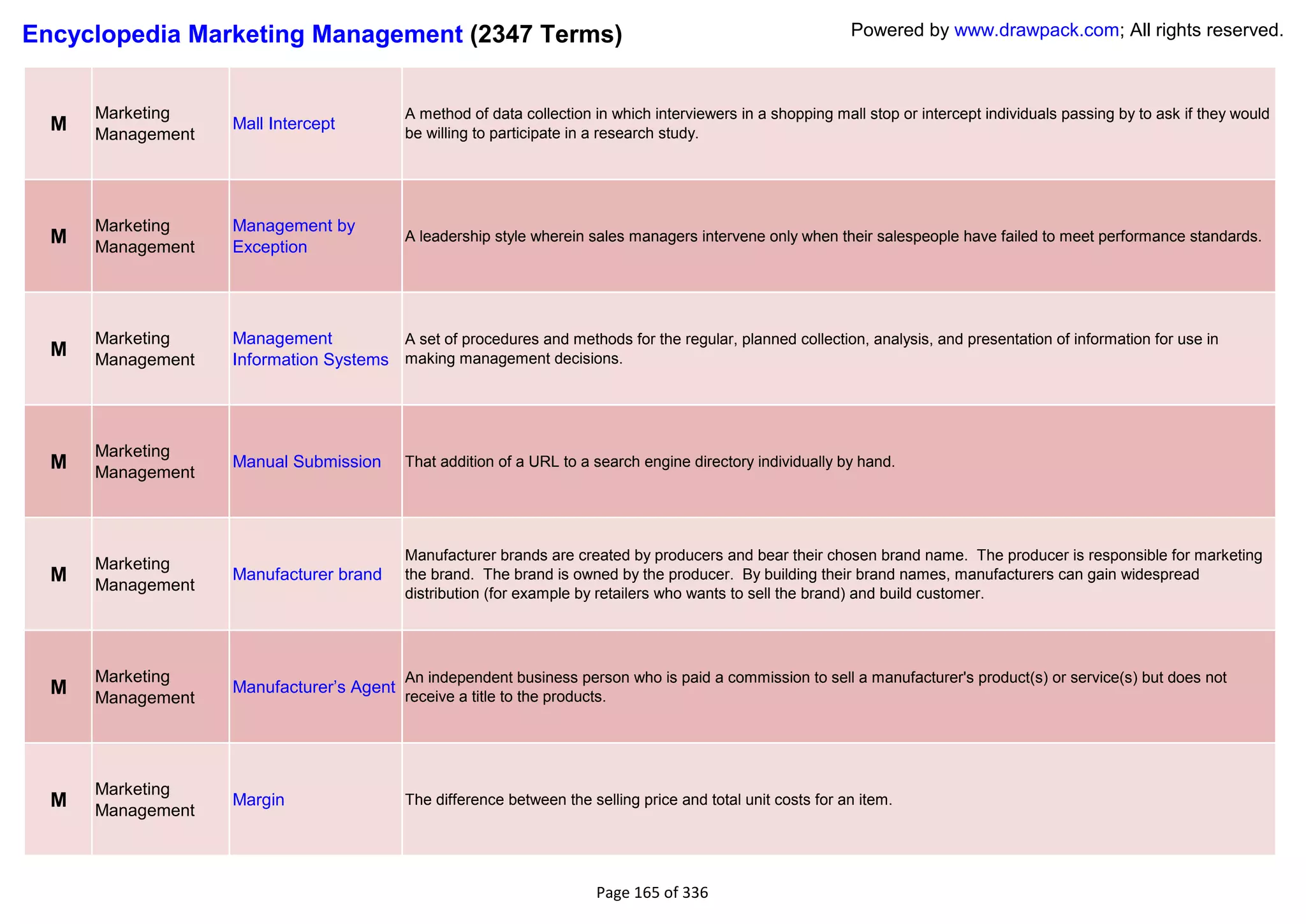 Encyclopedia Marketing Management (2347 Terms)                                                                Powered by www.drawpack.com; All rights reserved.



      Marketing                            A method of data collection in which interviewers in a shopping mall stop or intercept individuals passing by to ask if they would
  M   Management
                   Mall Intercept
                                           be willing to participate in a research study.




      Marketing    Management by
  M   Management   Exception
                                           A leadership style wherein sales managers intervene only when their salespeople have failed to meet performance standards.




      Marketing    Management          A set of procedures and methods for the regular, planned collection, analysis, and presentation of information for use in
  M   Management   Information Systems making management decisions.




      Marketing
  M   Management
                   Manual Submission       That addition of a URL to a search engine directory individually by hand.




                                           Manufacturer brands are created by producers and bear their chosen brand name. The producer is responsible for marketing
      Marketing
  M   Management
                   Manufacturer brand      the brand. The brand is owned by the producer. By building their brand names, manufacturers can gain widespread
                                           distribution (for example by retailers who wants to sell the brand) and build customer.




      Marketing                            An independent business person who is paid a commission to sell a manufacturer's product(s) or service(s) but does not
  M                Manufacturer‘s Agent
      Management                           receive a title to the products.




      Marketing
  M   Management
                   Margin                  The difference between the selling price and total unit costs for an item.




                                                                        Page 165 of 336
 