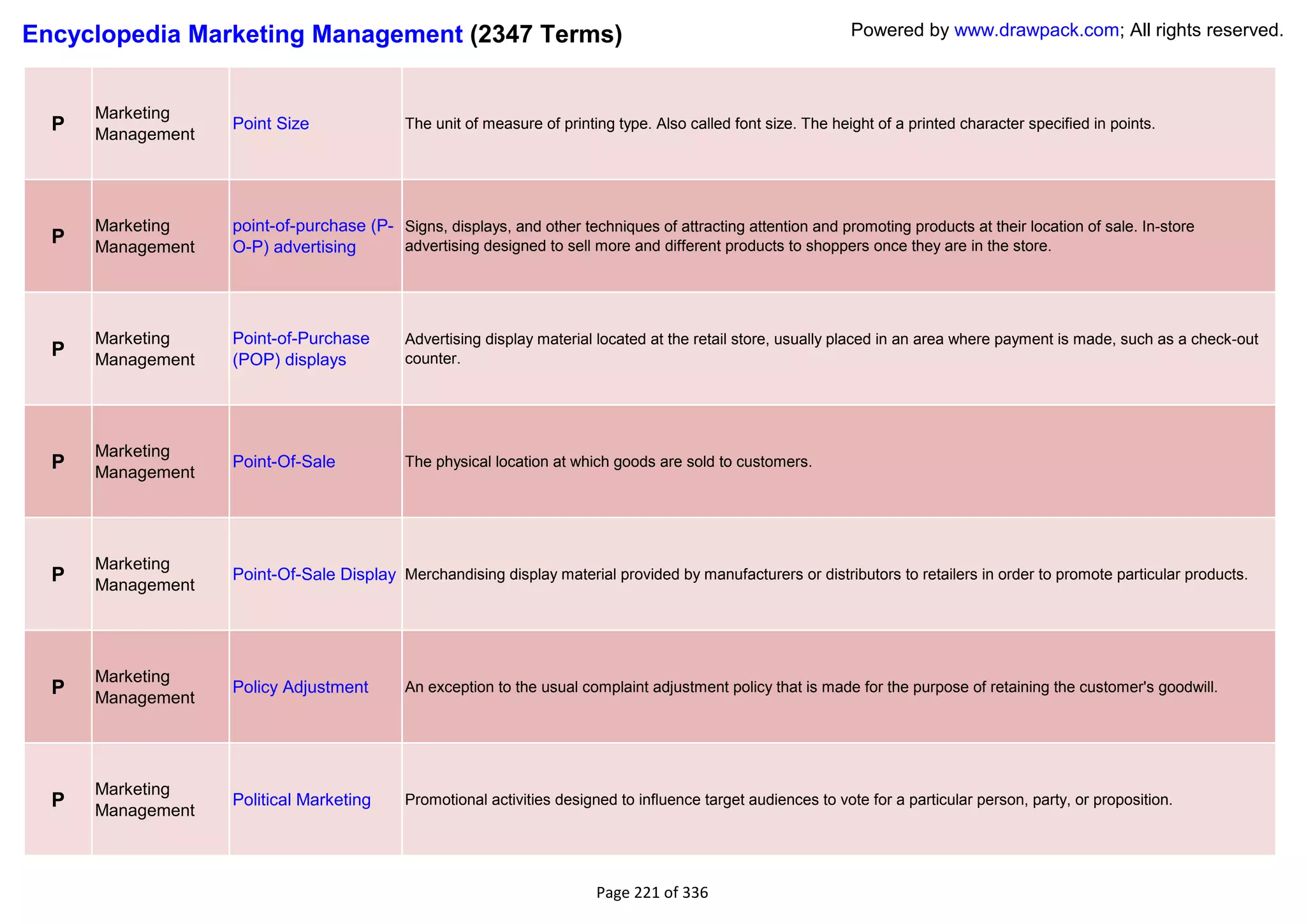 Encyclopedia Marketing Management (2347 Terms)                                                                  Powered by www.drawpack.com; All rights reserved.



      Marketing
  P   Management
                   Point Size               The unit of measure of printing type. Also called font size. The height of a printed character specified in points.




      Marketing    point-of-purchase (P- Signs, displays, and other techniques of attracting attention and promoting products at their location of sale. In-store
  P   Management   O-P) advertising      advertising designed to sell more and different products to shoppers once they are in the store.




      Marketing    Point-of-Purchase        Advertising display material located at the retail store, usually placed in an area where payment is made, such as a check-out
  P   Management   (POP) displays           counter.




      Marketing
  P   Management
                   Point-Of-Sale            The physical location at which goods are sold to customers.




      Marketing
  P   Management
                   Point-Of-Sale Display Merchandising display material provided by manufacturers or distributors to retailers in order to promote particular products.




      Marketing
  P   Management
                   Policy Adjustment        An exception to the usual complaint adjustment policy that is made for the purpose of retaining the customer's goodwill.




      Marketing
  P   Management
                   Political Marketing      Promotional activities designed to influence target audiences to vote for a particular person, party, or proposition.




                                                                         Page 221 of 336
 
