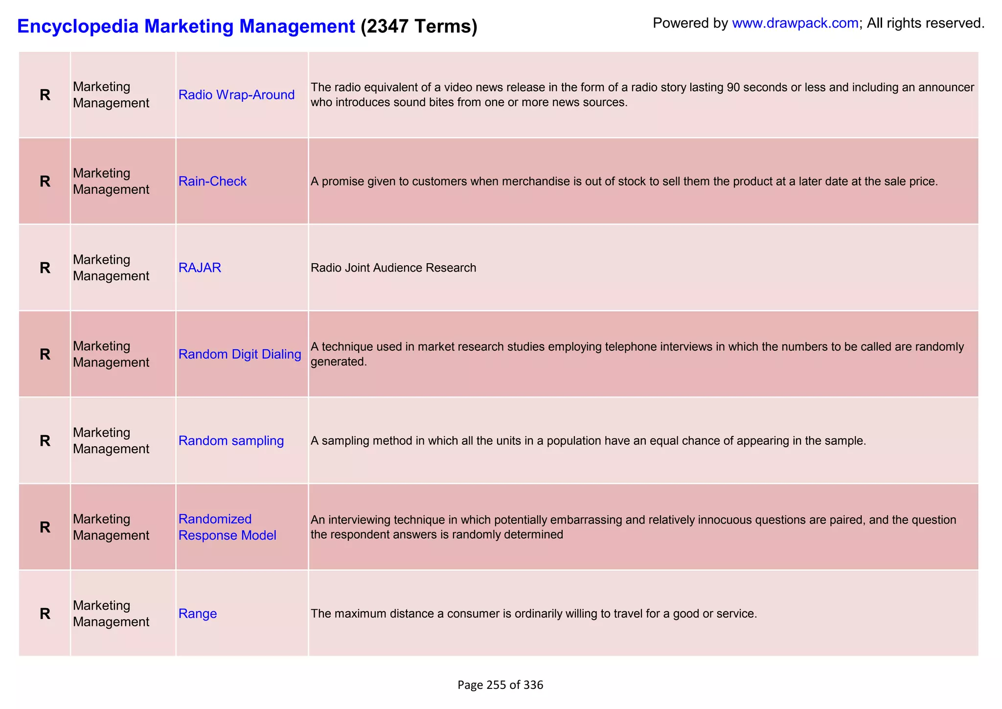 Encyclopedia Marketing Management (2347 Terms)                                                             Powered by www.drawpack.com; All rights reserved.



      Marketing                           The radio equivalent of a video news release in the form of a radio story lasting 90 seconds or less and including an announcer
  R   Management
                   Radio Wrap-Around
                                          who introduces sound bites from one or more news sources.




      Marketing
  R   Management
                   Rain-Check             A promise given to customers when merchandise is out of stock to sell them the product at a later date at the sale price.




      Marketing
  R   Management
                   RAJAR                  Radio Joint Audience Research




      Marketing                           A technique used in market research studies employing telephone interviews in which the numbers to be called are randomly
  R   Management
                   Random Digit Dialing
                                          generated.




      Marketing
  R   Management
                   Random sampling        A sampling method in which all the units in a population have an equal chance of appearing in the sample.




      Marketing    Randomized             An interviewing technique in which potentially embarrassing and relatively innocuous questions are paired, and the question
  R   Management   Response Model         the respondent answers is randomly determined




      Marketing
  R   Management
                   Range                  The maximum distance a consumer is ordinarily willing to travel for a good or service.




                                                                      Page 255 of 336
 