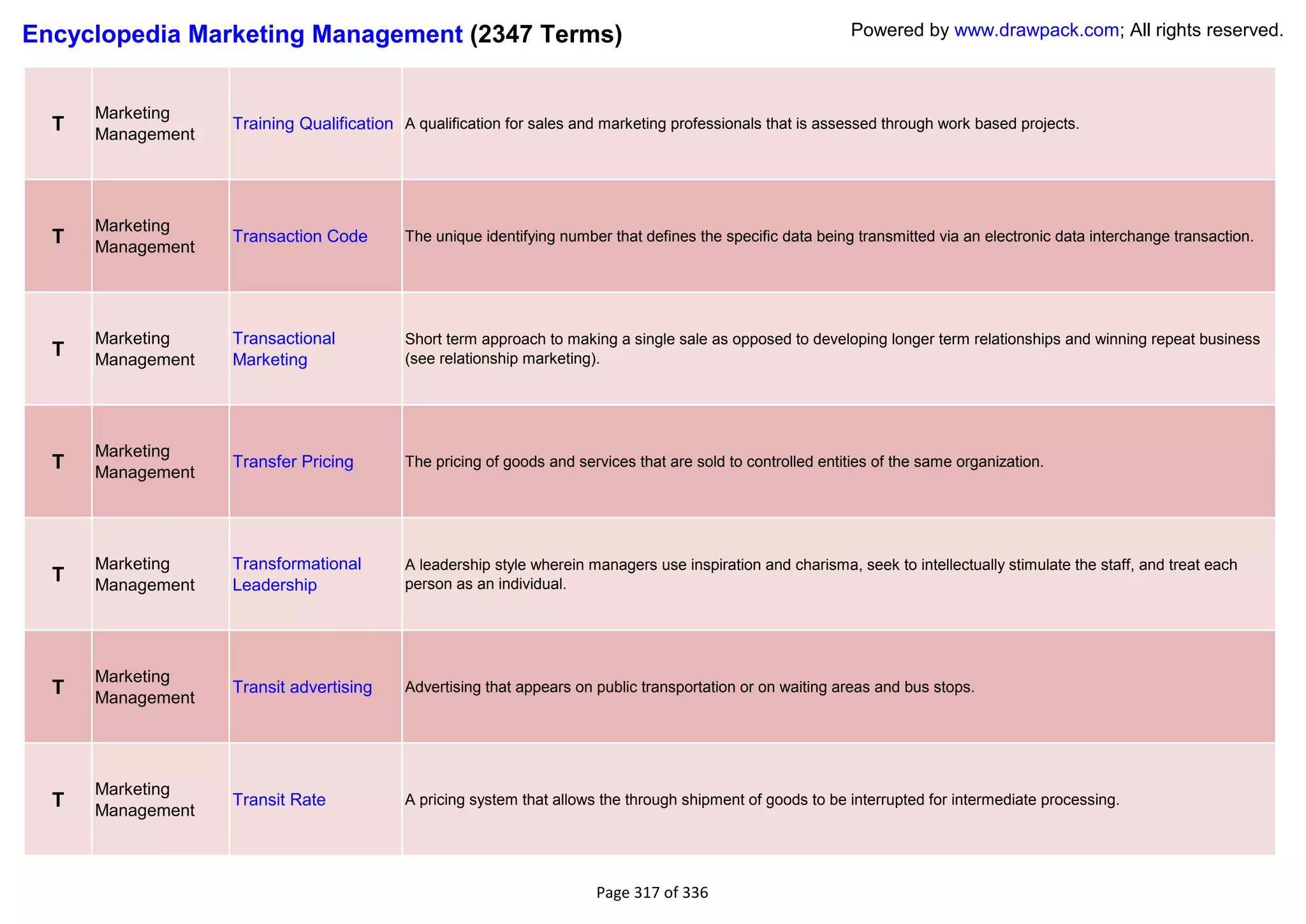 Encyclopedia Marketing Management (2347 Terms)                                                               Powered by www.drawpack.com; All rights reserved.



      Marketing
  T   Management
                   Training Qualification A qualification for sales and marketing professionals that is assessed through work based projects.




      Marketing
  T   Management
                   Transaction Code        The unique identifying number that defines the specific data being transmitted via an electronic data interchange transaction.




      Marketing    Transactional           Short term approach to making a single sale as opposed to developing longer term relationships and winning repeat business
  T   Management   Marketing               (see relationship marketing).




      Marketing
  T   Management
                   Transfer Pricing        The pricing of goods and services that are sold to controlled entities of the same organization.




      Marketing    Transformational        A leadership style wherein managers use inspiration and charisma, seek to intellectually stimulate the staff, and treat each
  T   Management   Leadership              person as an individual.




      Marketing
  T   Management
                   Transit advertising     Advertising that appears on public transportation or on waiting areas and bus stops.




      Marketing
  T   Management
                   Transit Rate            A pricing system that allows the through shipment of goods to be interrupted for intermediate processing.




                                                                       Page 317 of 336
 