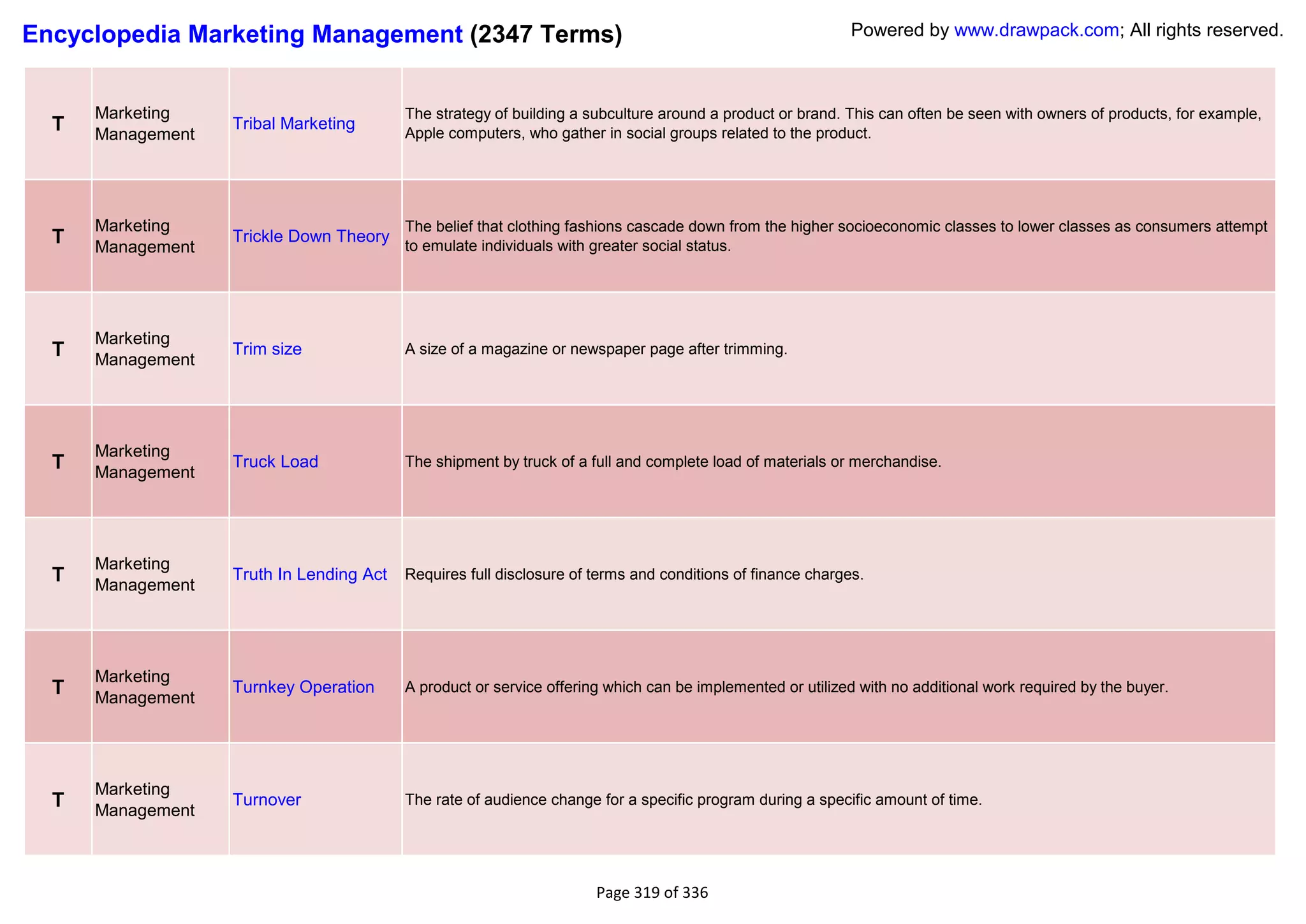 Encyclopedia Marketing Management (2347 Terms)                                                              Powered by www.drawpack.com; All rights reserved.



      Marketing                           The strategy of building a subculture around a product or brand. This can often be seen with owners of products, for example,
  T   Management
                   Tribal Marketing
                                          Apple computers, who gather in social groups related to the product.




      Marketing                           The belief that clothing fashions cascade down from the higher socioeconomic classes to lower classes as consumers attempt
  T   Management
                   Trickle Down Theory
                                          to emulate individuals with greater social status.




      Marketing
  T   Management
                   Trim size              A size of a magazine or newspaper page after trimming.




      Marketing
  T   Management
                   Truck Load             The shipment by truck of a full and complete load of materials or merchandise.




      Marketing
  T   Management
                   Truth In Lending Act   Requires full disclosure of terms and conditions of finance charges.




      Marketing
  T   Management
                   Turnkey Operation      A product or service offering which can be implemented or utilized with no additional work required by the buyer.




      Marketing
  T   Management
                   Turnover               The rate of audience change for a specific program during a specific amount of time.




                                                                      Page 319 of 336
 