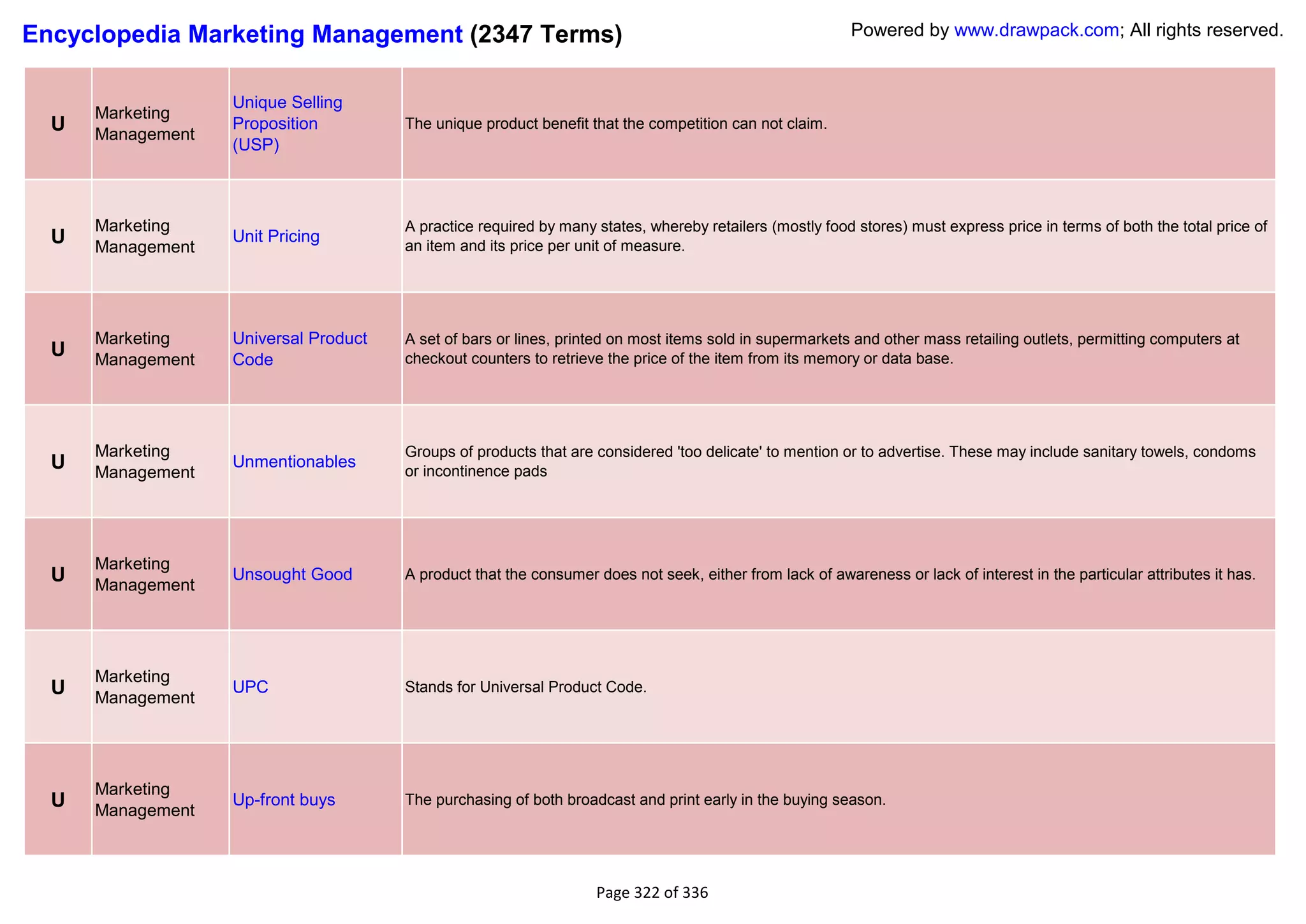 Encyclopedia Marketing Management (2347 Terms)                                                            Powered by www.drawpack.com; All rights reserved.


                   Unique Selling
      Marketing
  U   Management
                   Proposition         The unique product benefit that the competition can not claim.
                   (USP)



      Marketing                        A practice required by many states, whereby retailers (mostly food stores) must express price in terms of both the total price of
  U   Management
                   Unit Pricing
                                       an item and its price per unit of measure.




      Marketing    Universal Product   A set of bars or lines, printed on most items sold in supermarkets and other mass retailing outlets, permitting computers at
  U   Management   Code                checkout counters to retrieve the price of the item from its memory or data base.




      Marketing                        Groups of products that are considered 'too delicate' to mention or to advertise. These may include sanitary towels, condoms
  U   Management
                   Unmentionables
                                       or incontinence pads




      Marketing
  U   Management
                   Unsought Good       A product that the consumer does not seek, either from lack of awareness or lack of interest in the particular attributes it has.




      Marketing
  U   Management
                   UPC                 Stands for Universal Product Code.




      Marketing
  U   Management
                   Up-front buys       The purchasing of both broadcast and print early in the buying season.




                                                                   Page 322 of 336
 